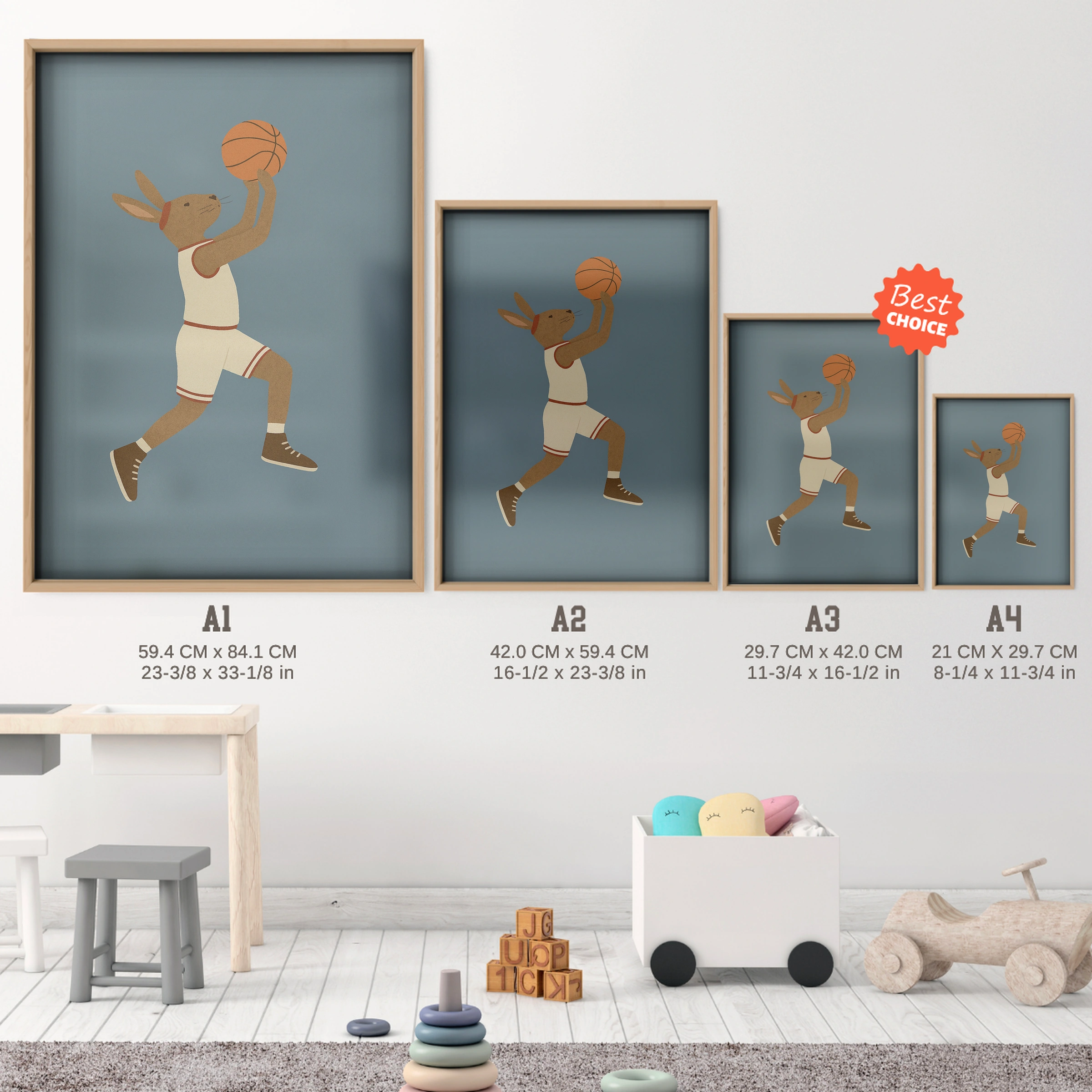 Basketball Rabbit Three Nursery Print - size guide A4 A3 A2 A1 nursery print