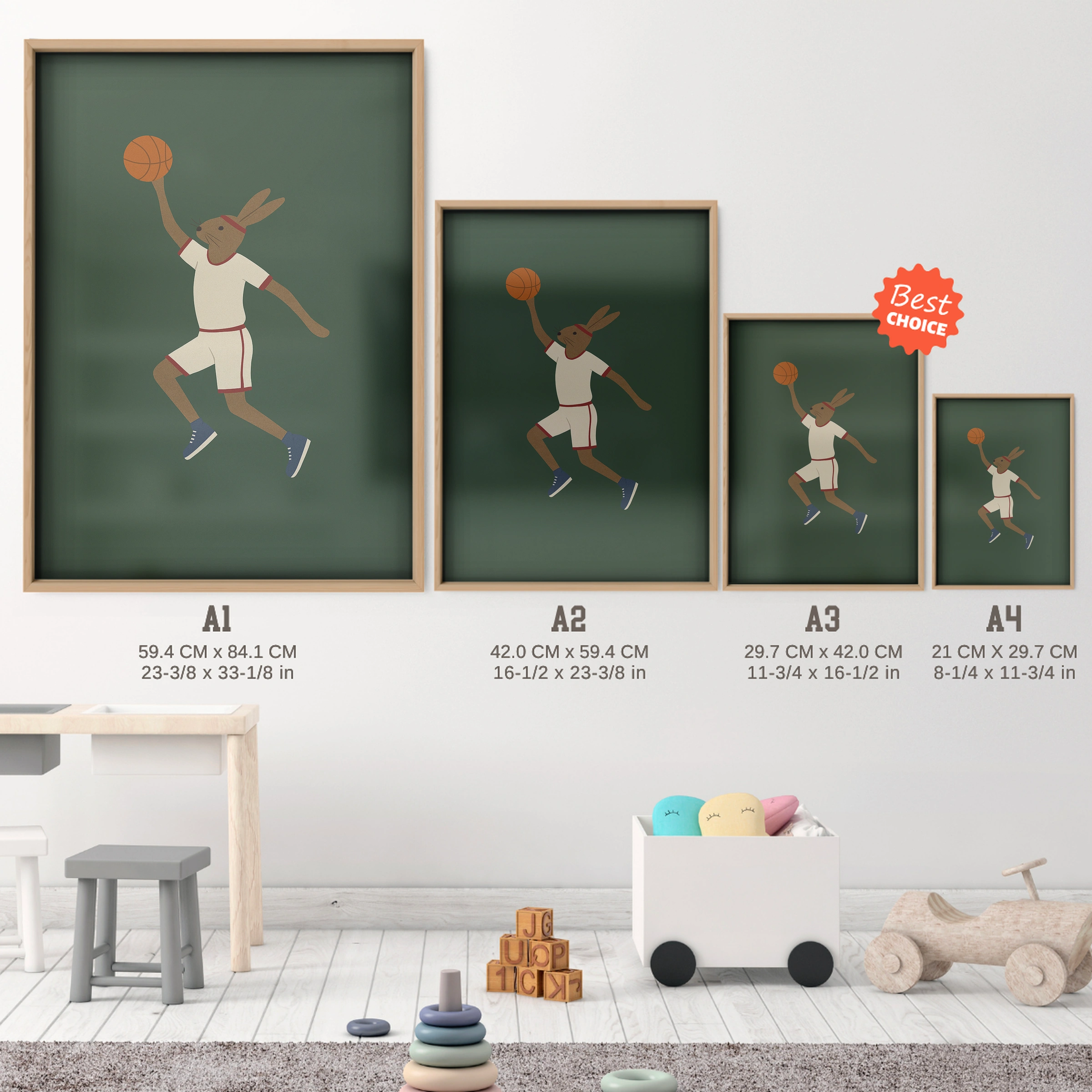Basketball Rabbit Two Nursery Print - size guide A4 A3 A2 A1 nursery print