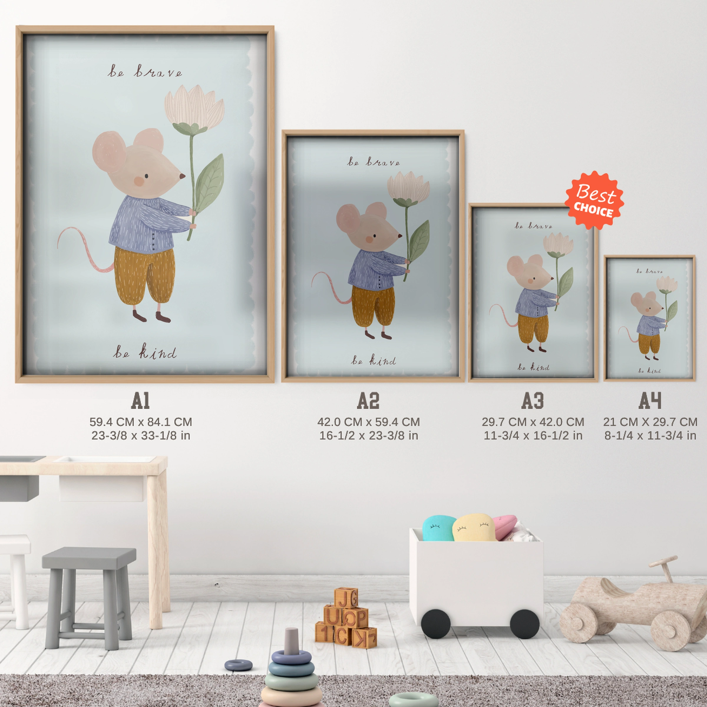 Be Brave Be Kind Mouse Nursery Print - size guide A4 A3 A2 A1 nursery print