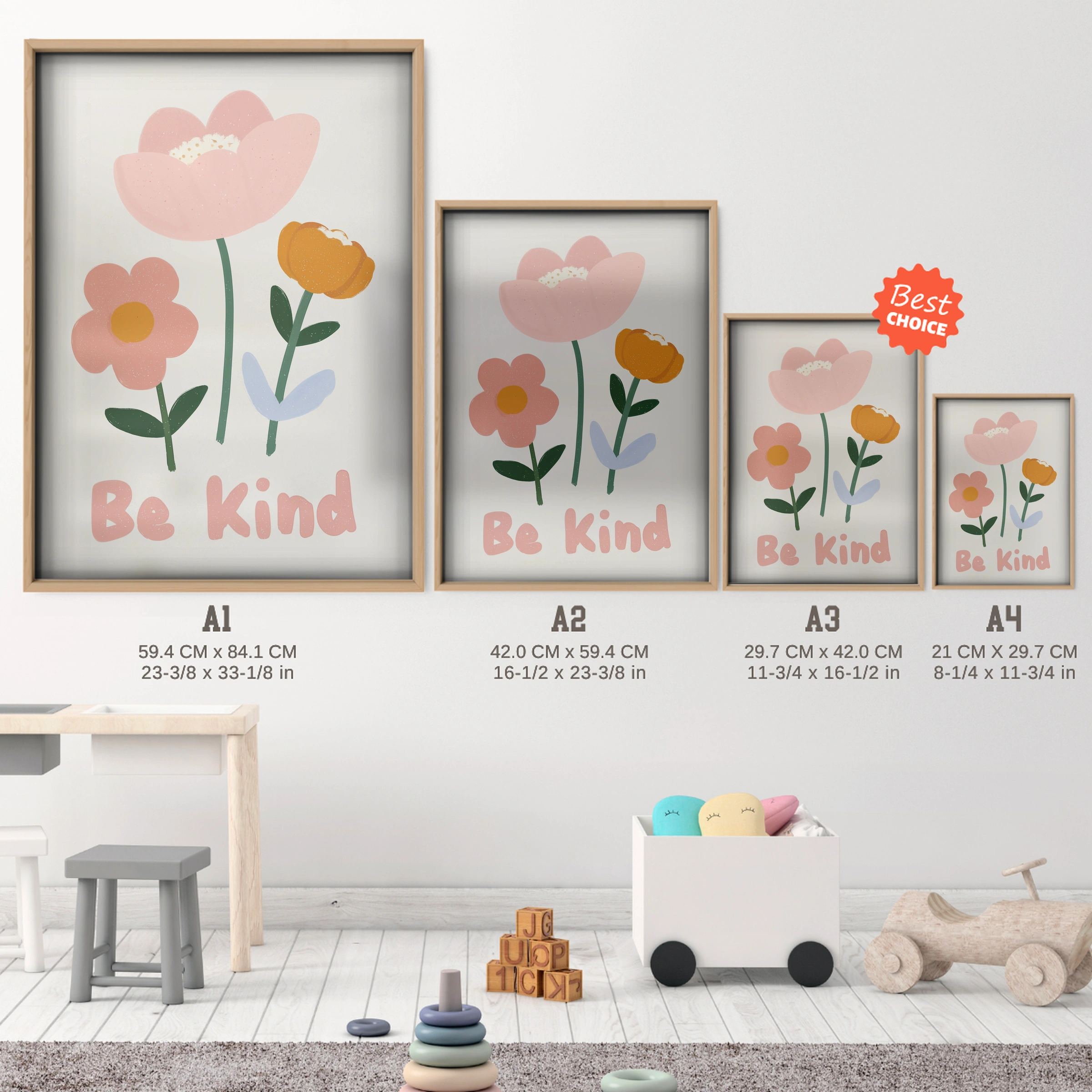 Be Kind Flower Nursery Print - size guide A4 A3 A2 A1 nursery print