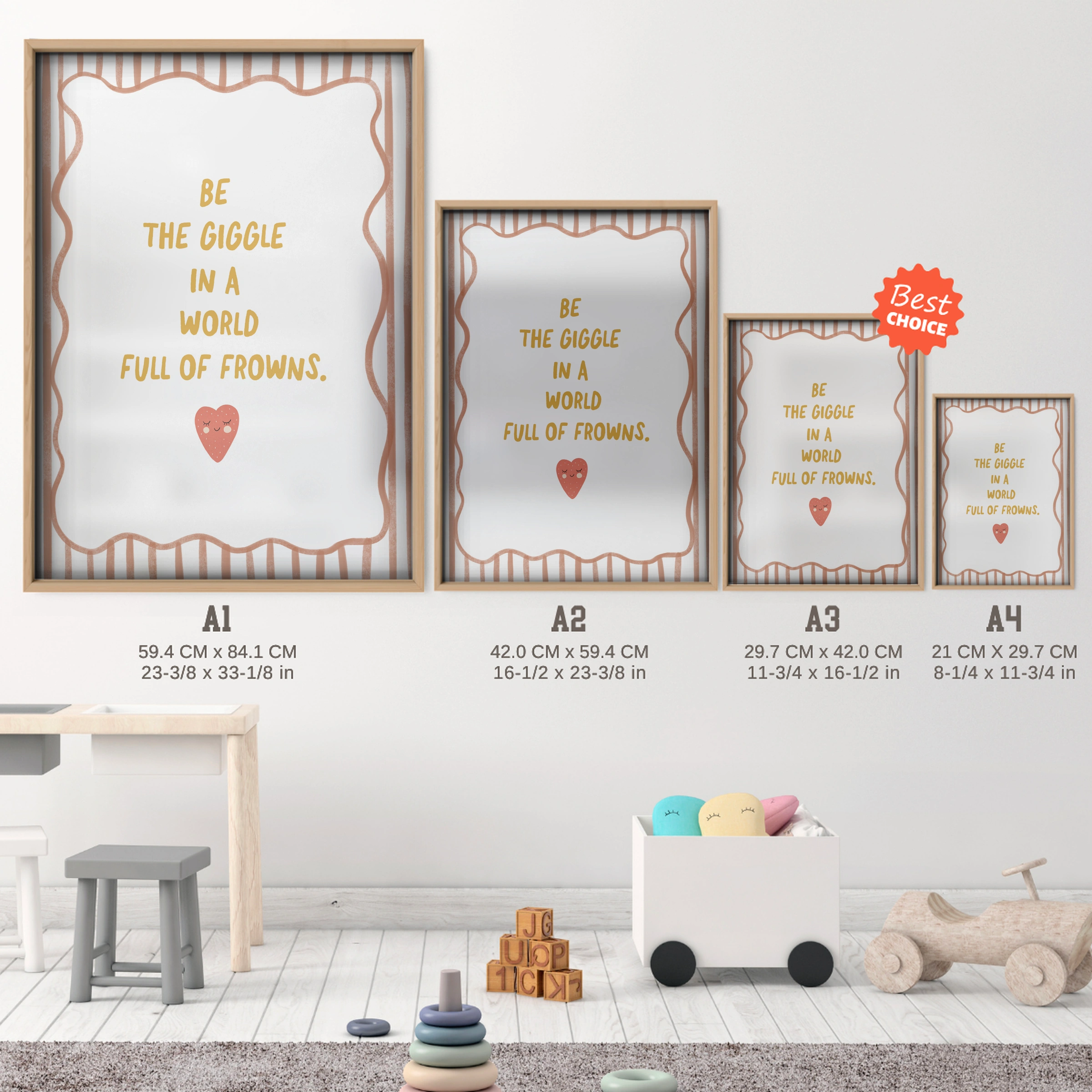 Be The Giggle Terracotta Nursery Print - size guide A4 A3 A2 A1 nursery print