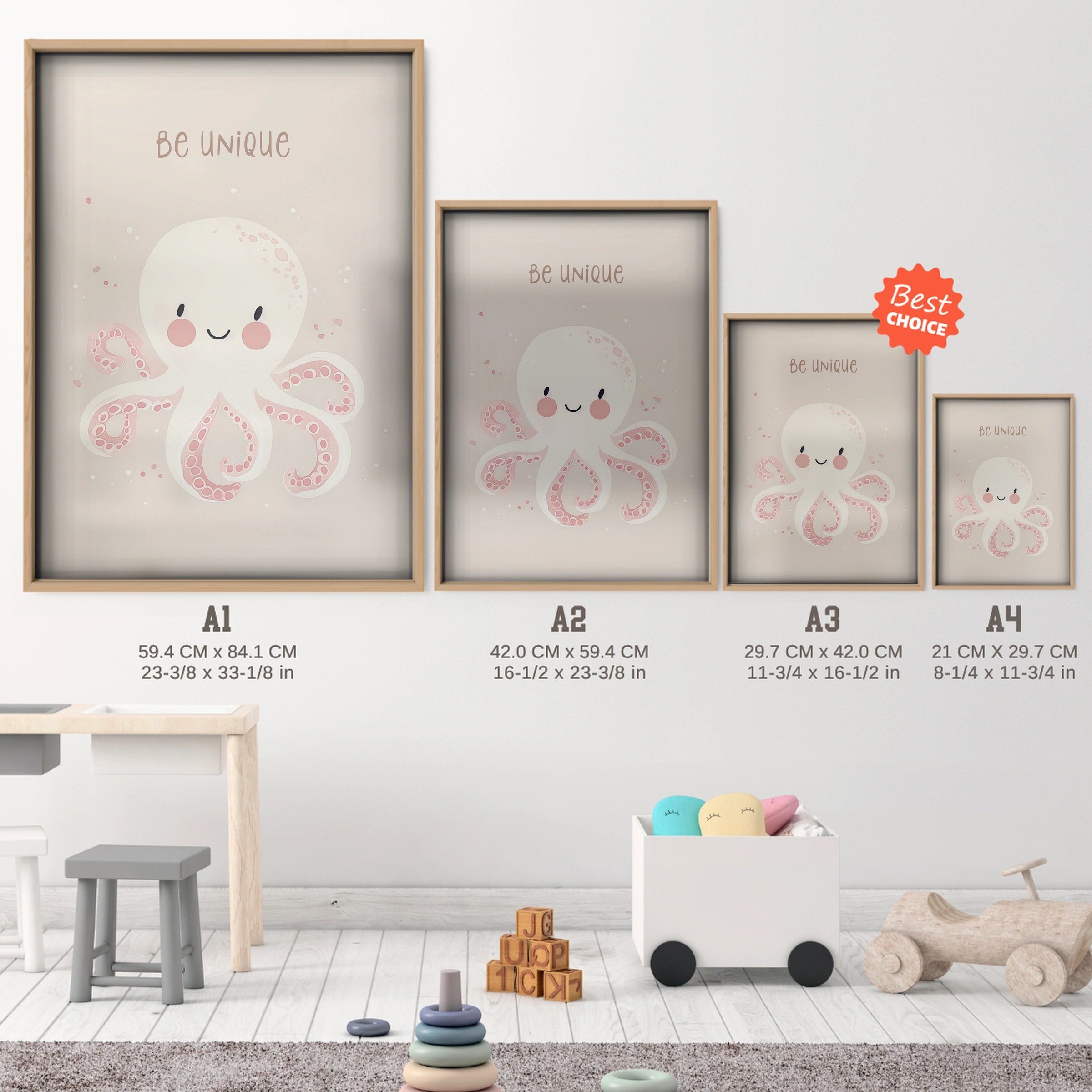 Be Unique Octopus Nursery Print - size guide A4 A3 A2 A1 nursery print