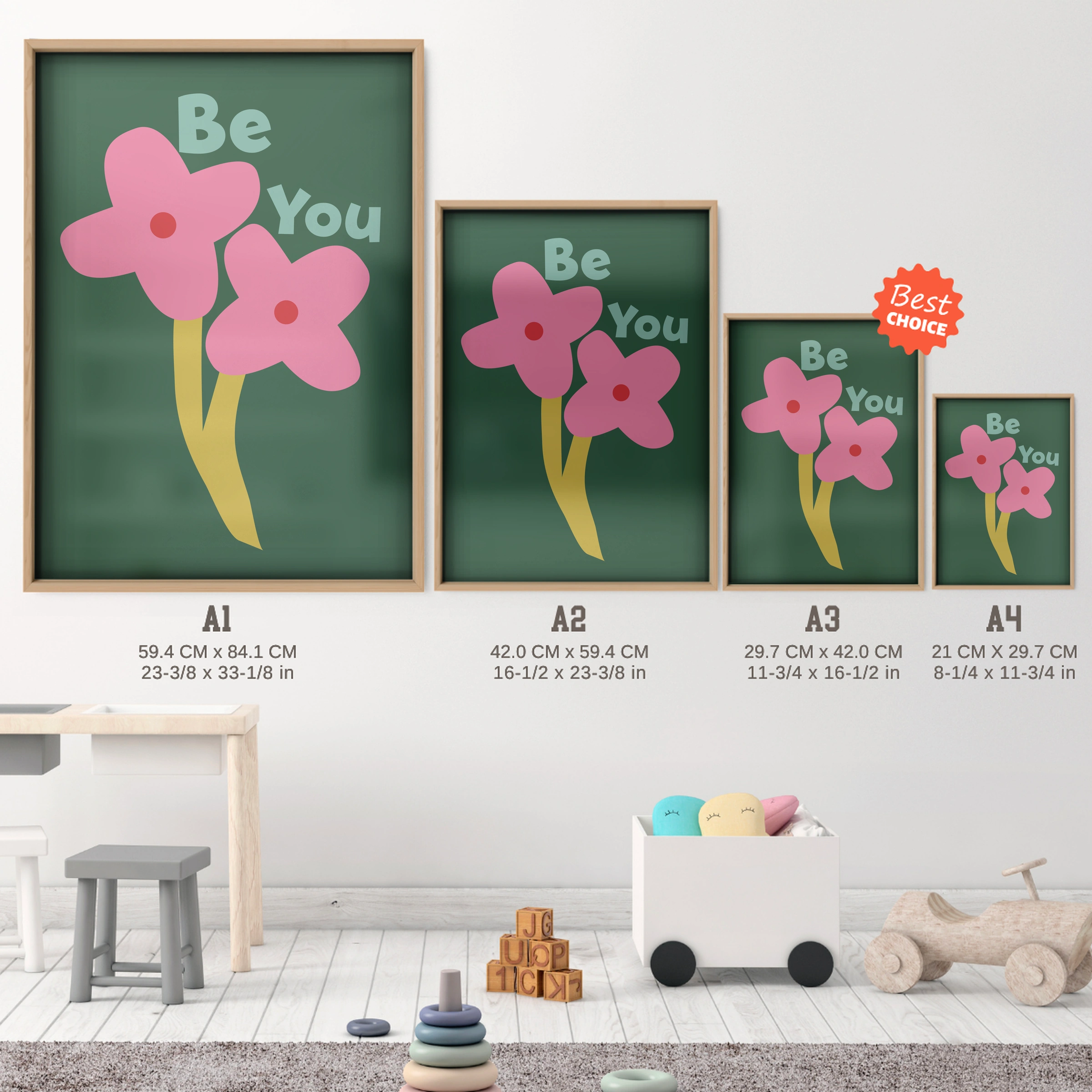 Be You Flower Nursery Print - size guide A4 A3 A2 A1 nursery print