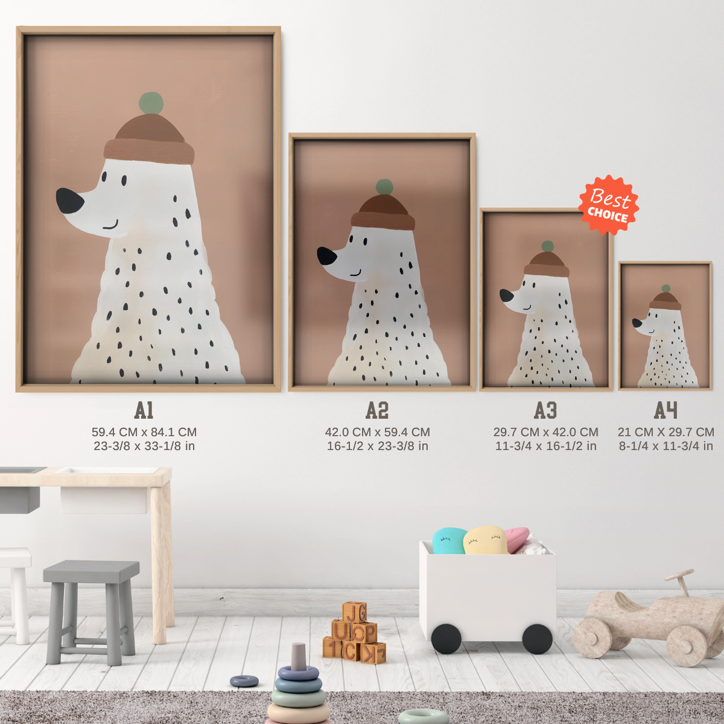 Beanie Bear Nursery Print - size guide A4 A3 A2 A1 nursery print