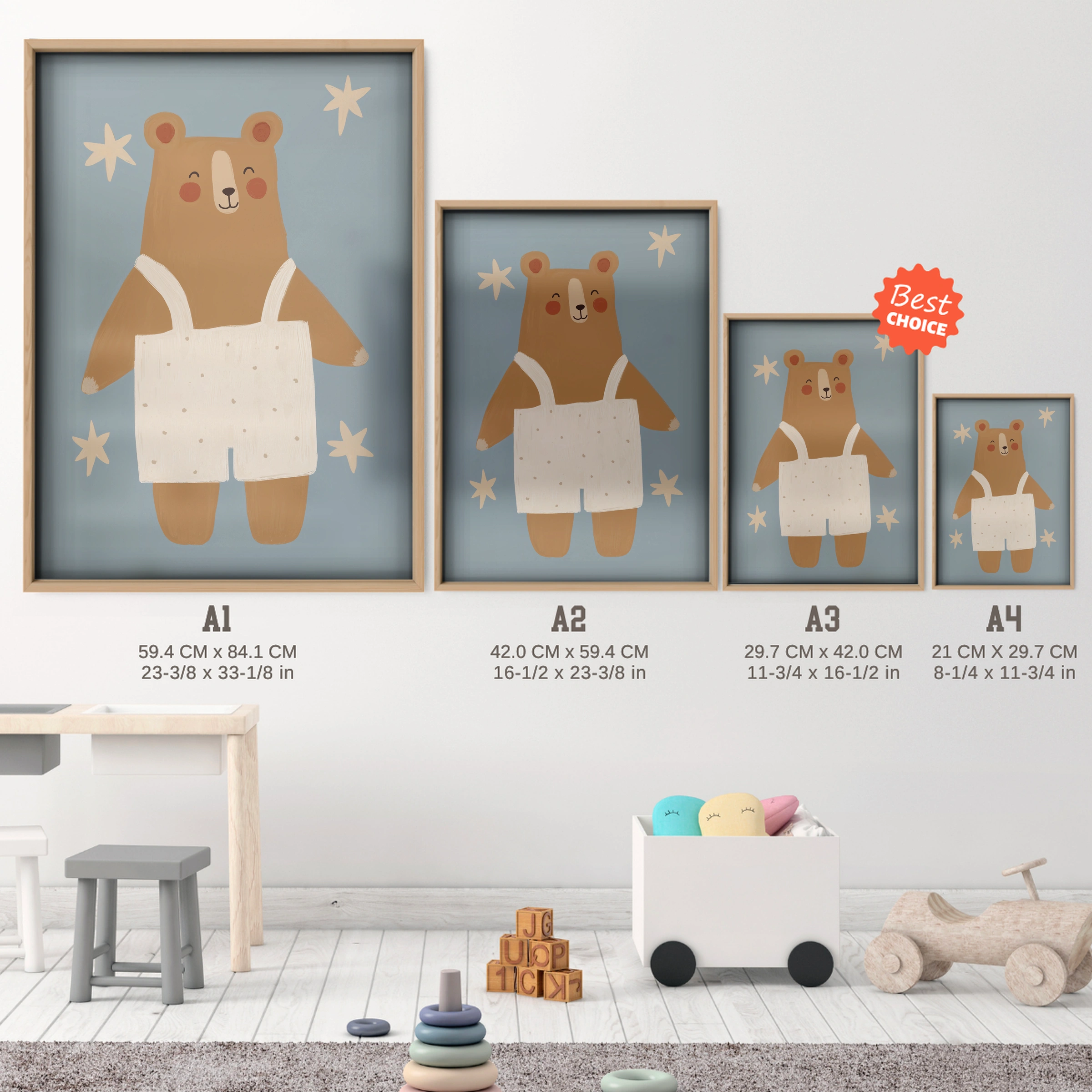 Beanie Fox Nursery Print - size guide A4 A3 A2 A1 nursery print