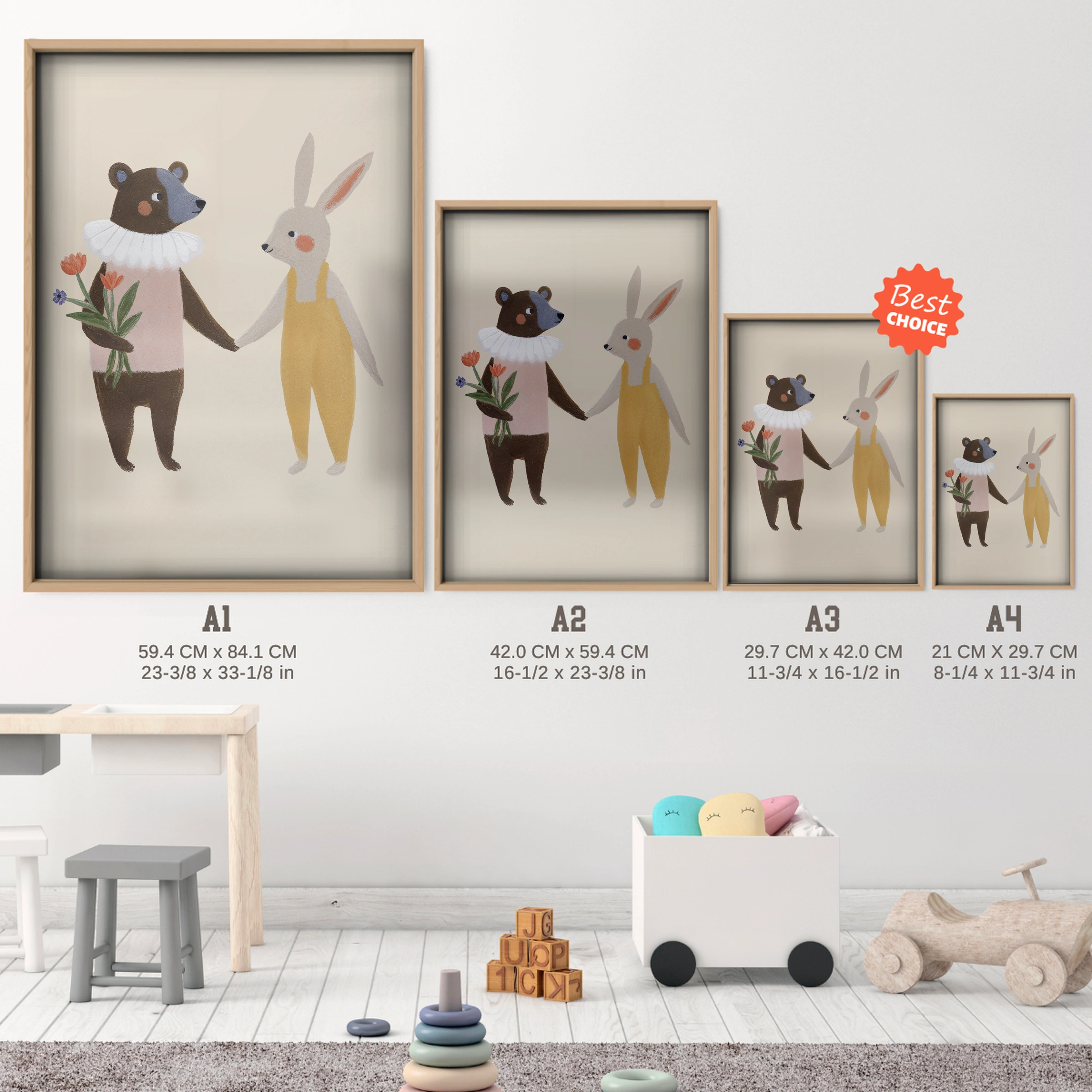 Bear and Bunny Nursery Print - size guide A4 A3 A2 A1 nursery print