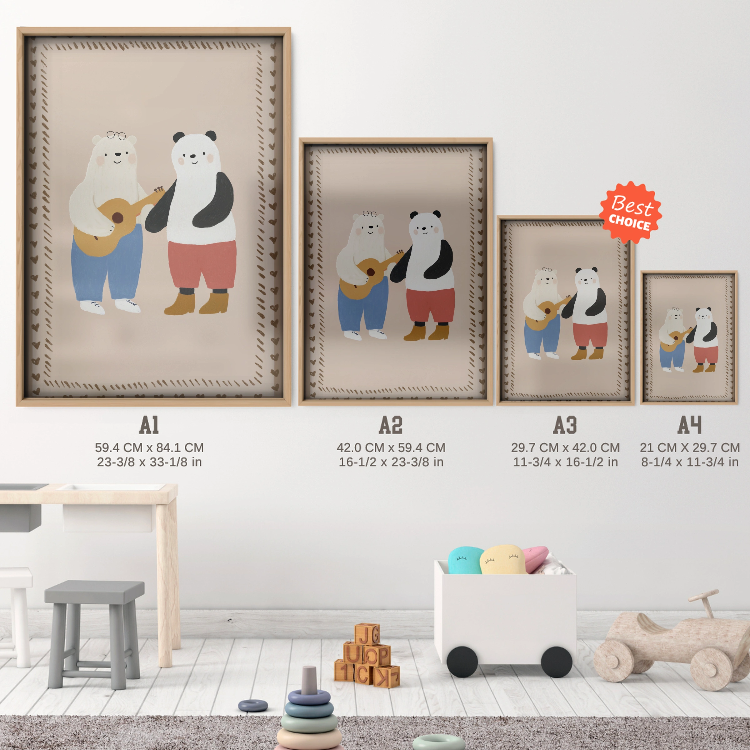 Bear and Panda Band Nursery Print - size guide A4 A3 A2 A1 nursery print