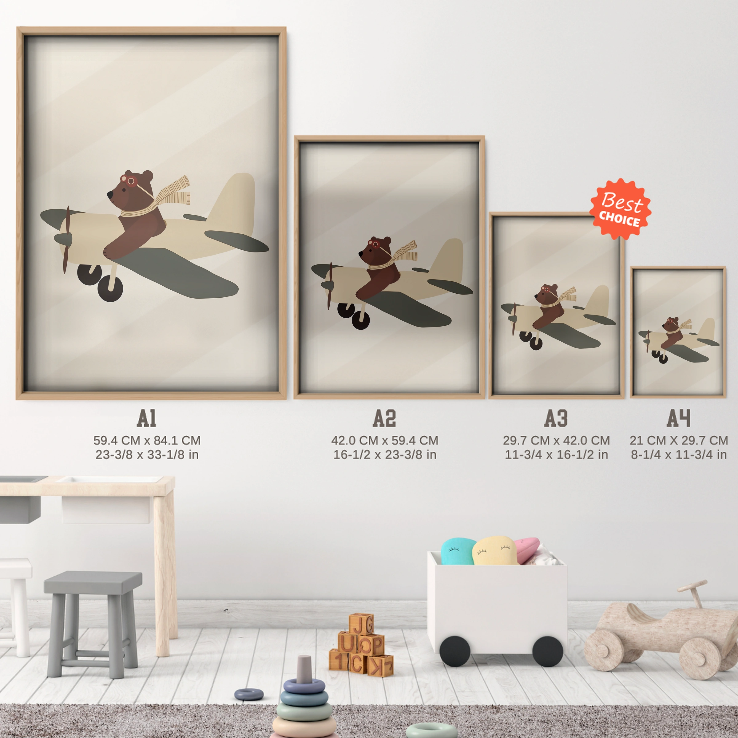 Bear Aviator in a Plane Nursery Print - size guide A4 A3 A2 A1 nursery print