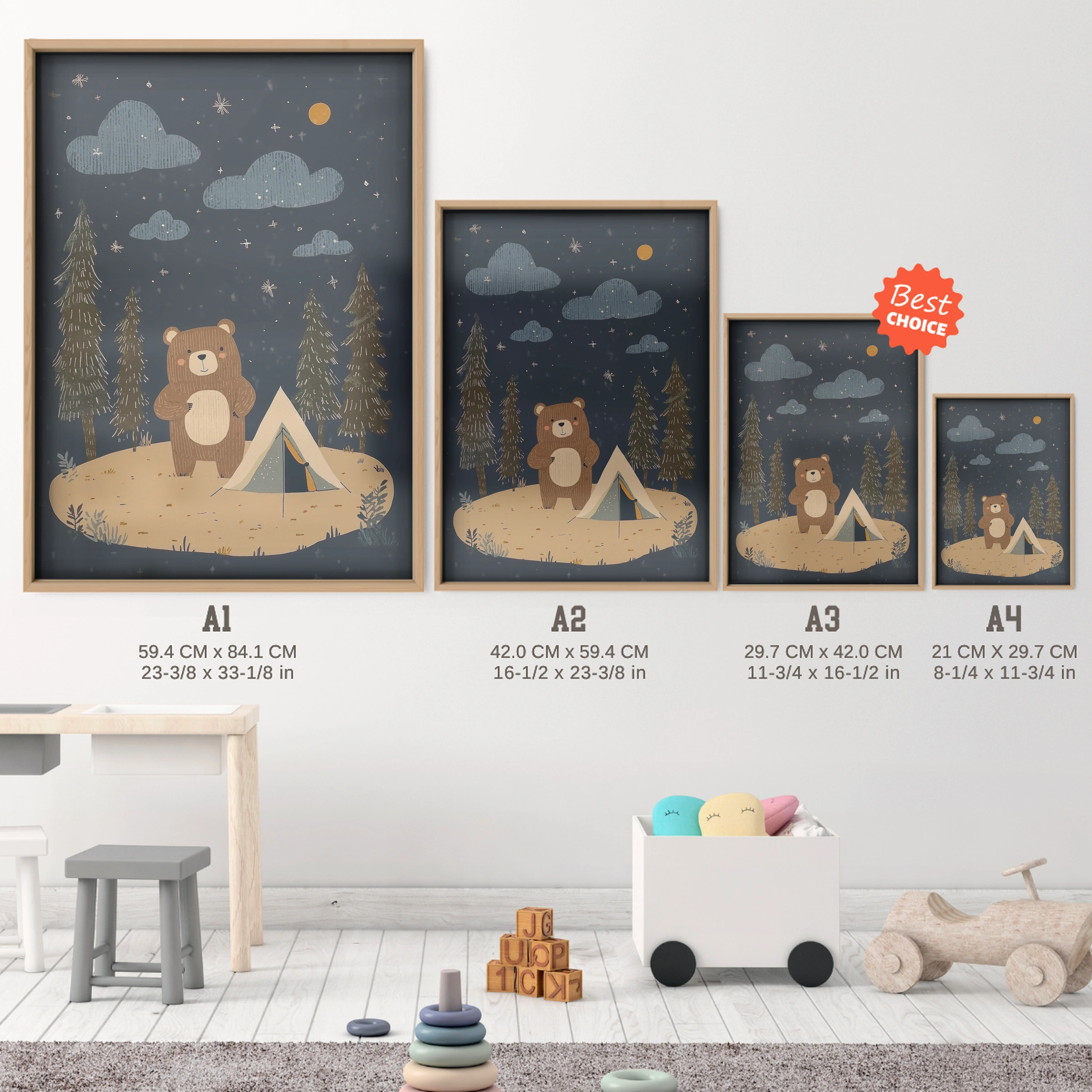 Bear Camping Nursery Print - size guide A4 A3 A2 A1 nursery print