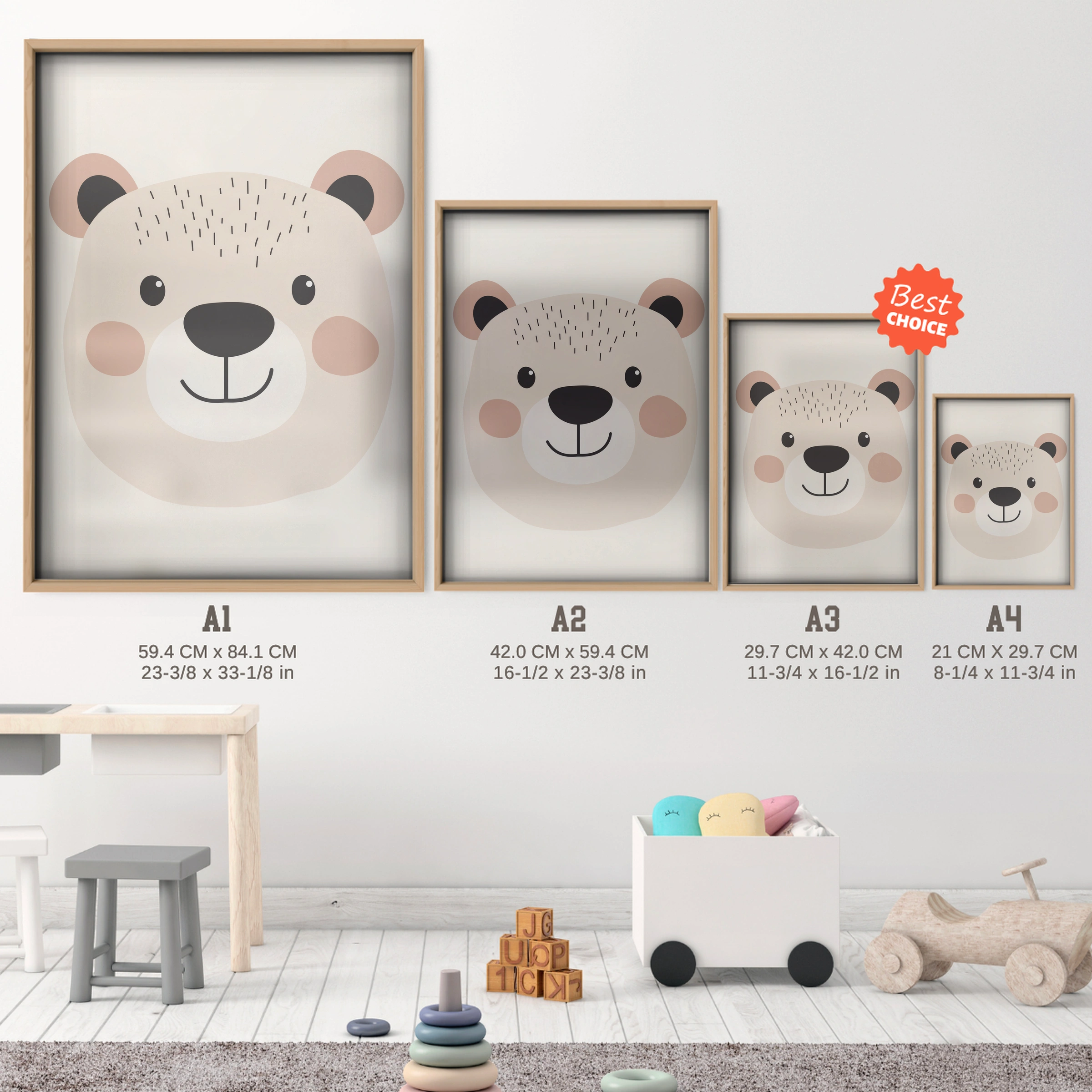 Bear Face Nursery Print - size guide A4 A3 A2 A1 nursery print