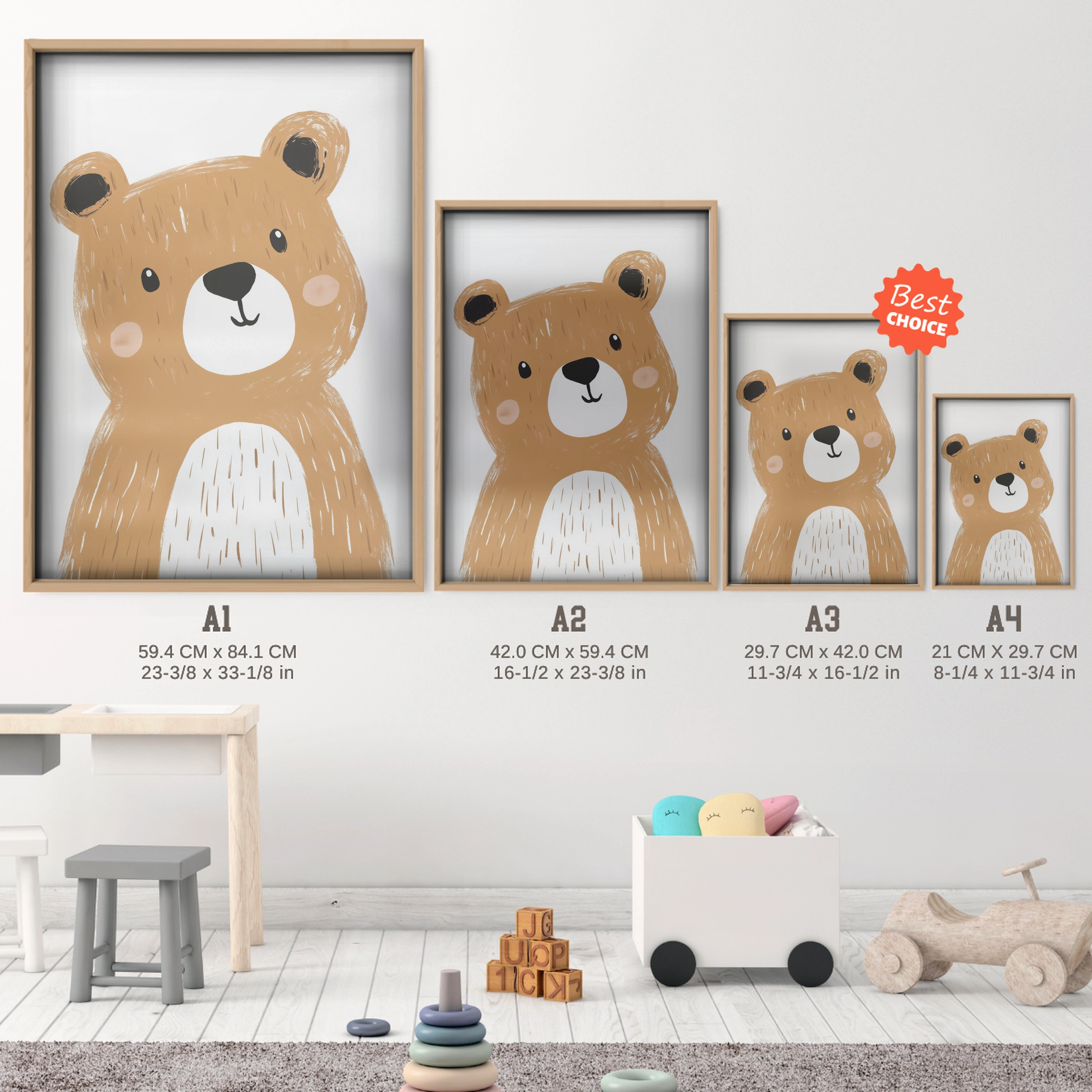 Bear Face Two Nursery Print - size guide A4 A3 A2 A1 nursery print