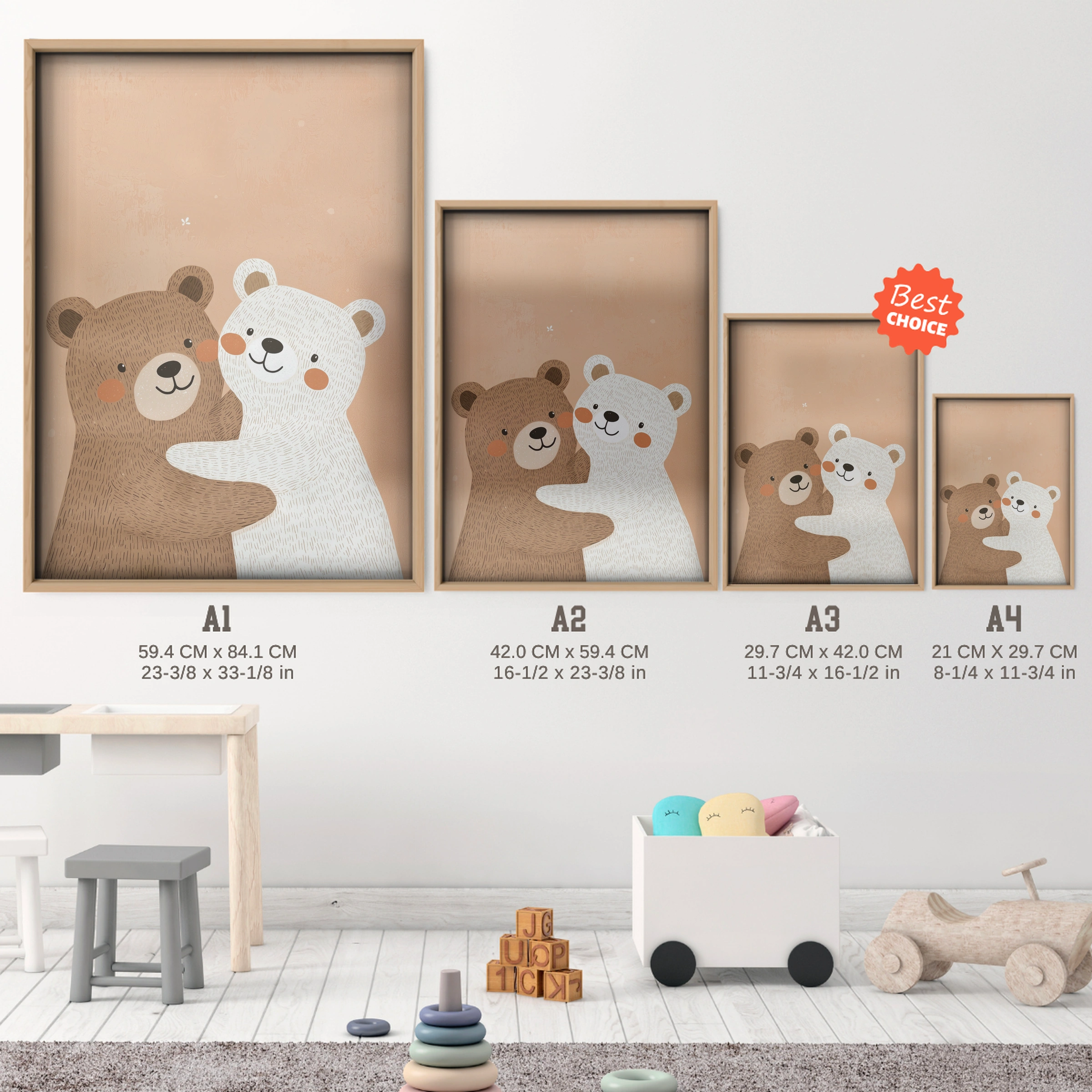 Bear Family Hug Nursery Print - size guide A4 A3 A2 A1 nursery print