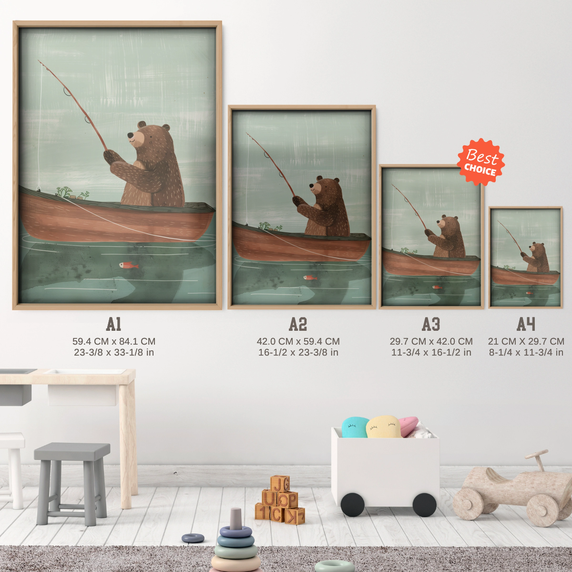 Bear Fishing at Dawn Nursery Print - size guide A4 A3 A2 A1 nursery print