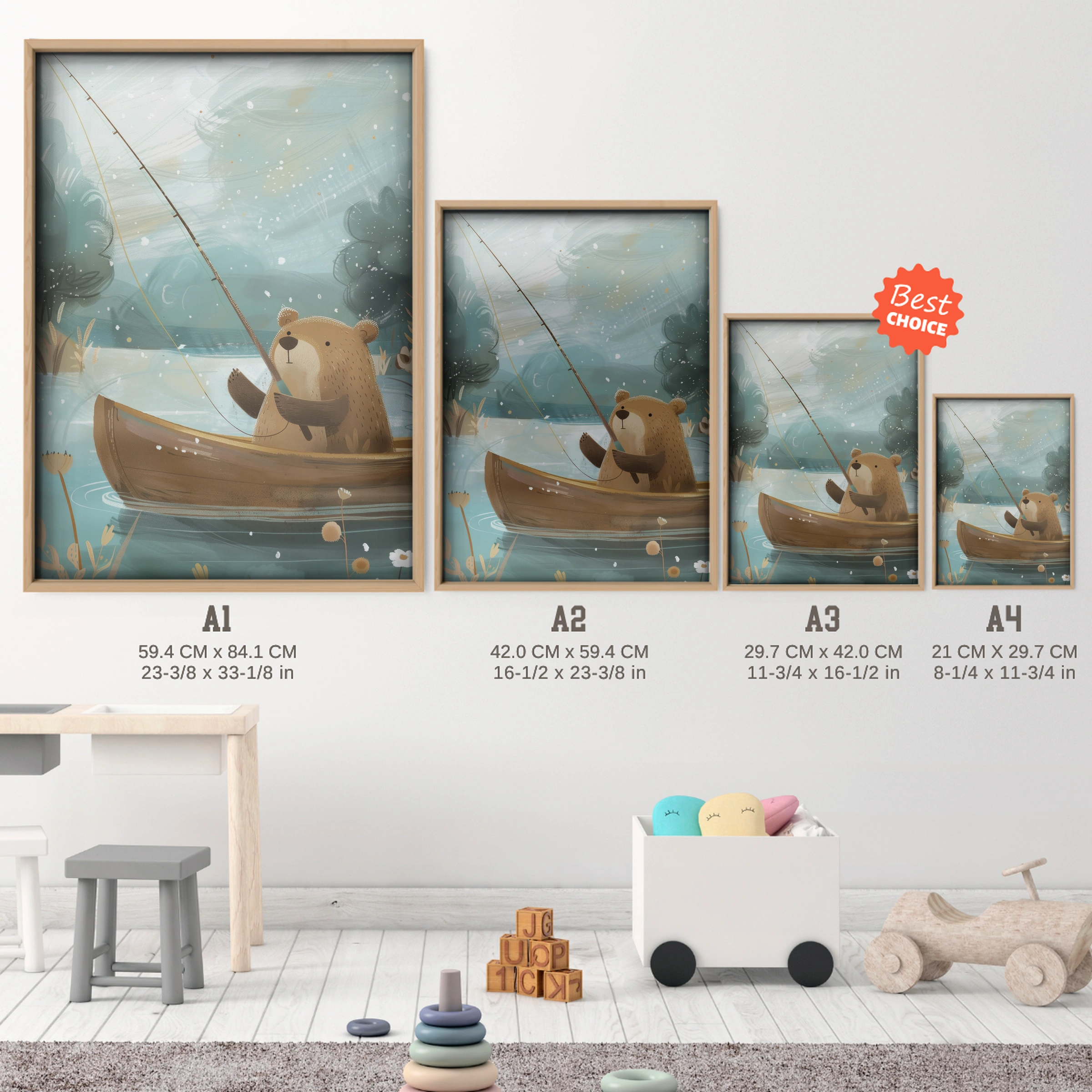 Bear Fishing Nursery Print - size guide A4 A3 A2 A1 nursery print