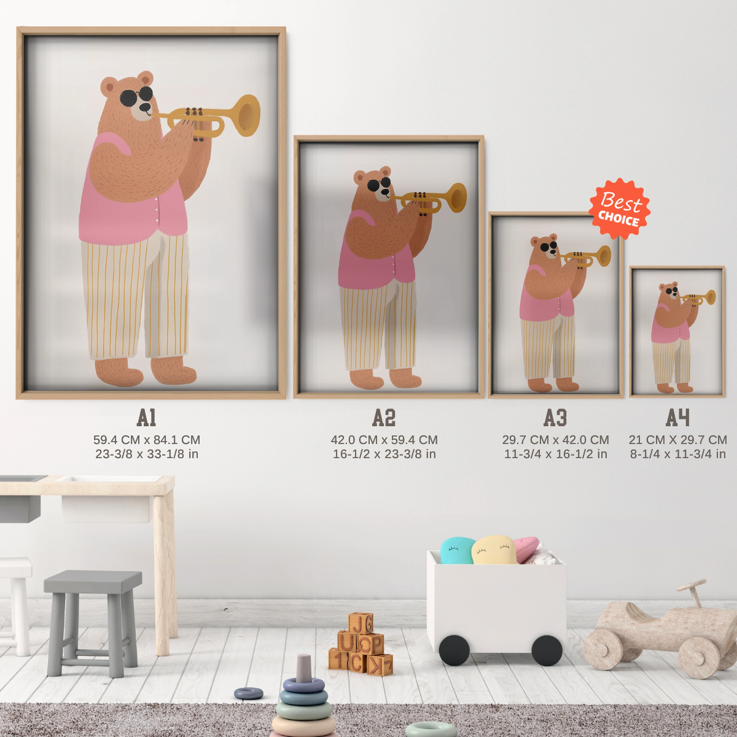 Bear Hug Nursery Print - size guide A4 A3 A2 A1 nursery print
