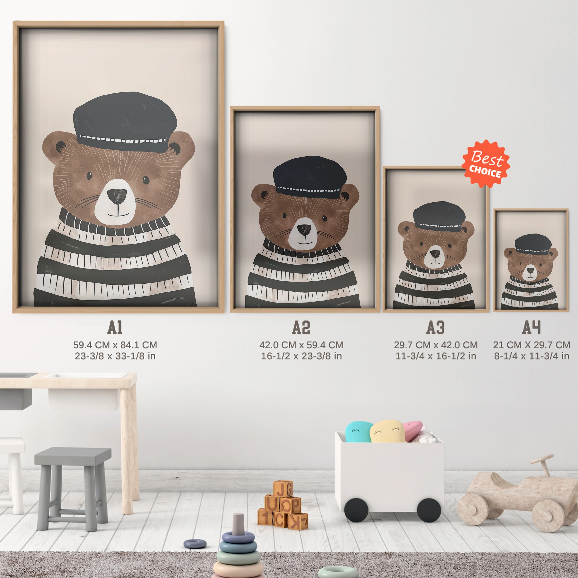 Bear in a Beret Nursery Print - size guide A4 A3 A2 A1 nursery print