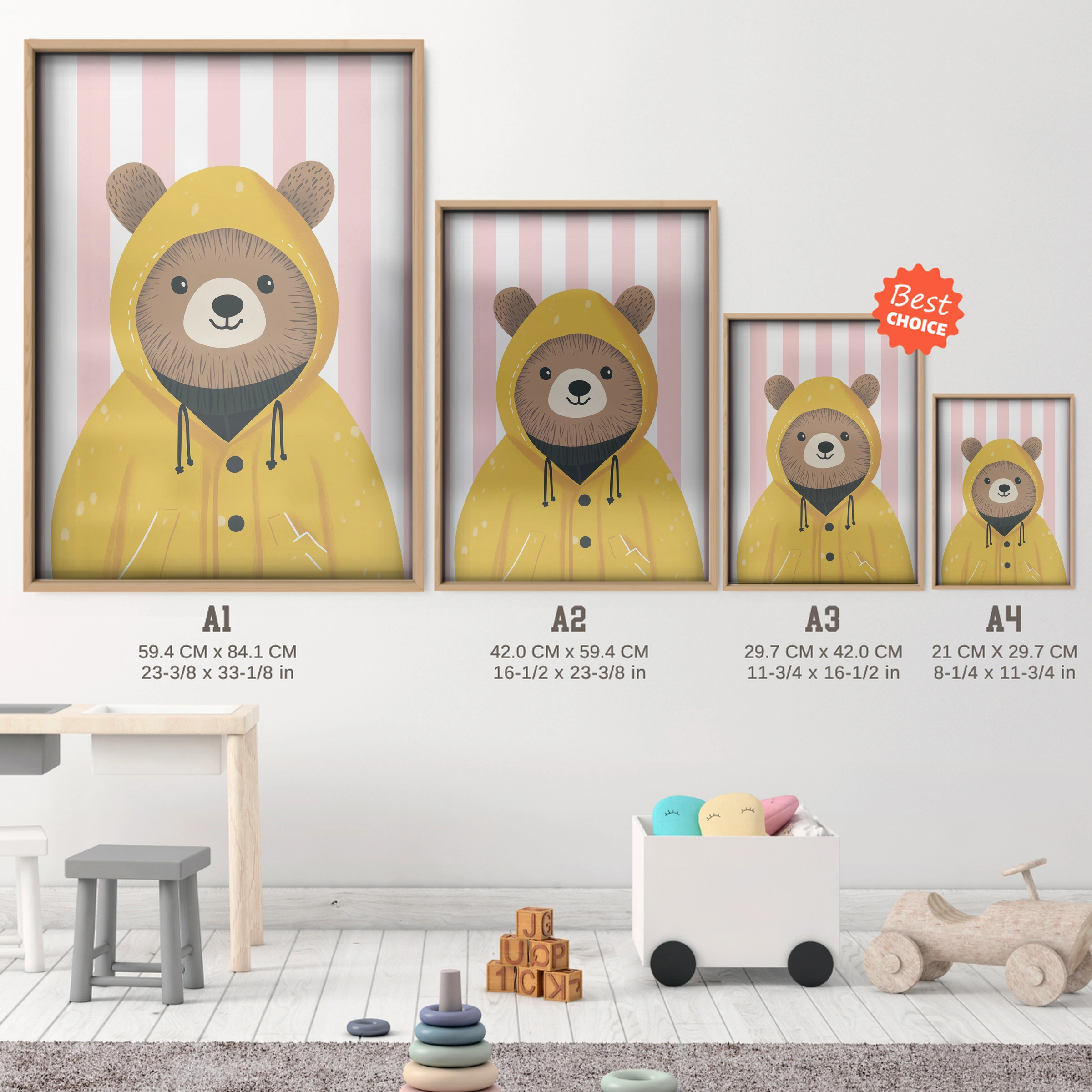 Bear in a Raincoat Nursery Print - size guide A4 A3 A2 A1 nursery print