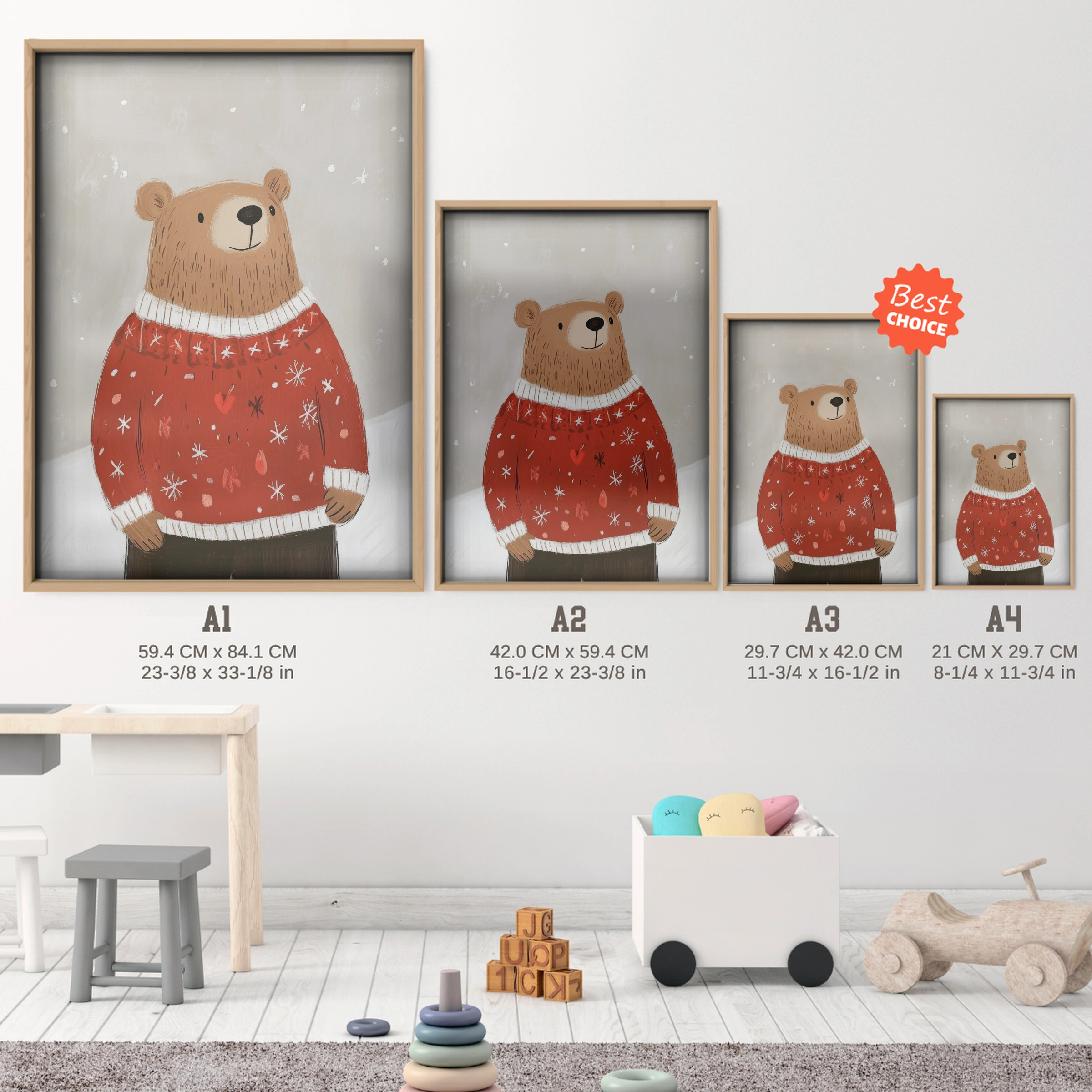 Bear in a Red Sweater Christmas Print - size guide A4 A3 A2 A1 nursery print