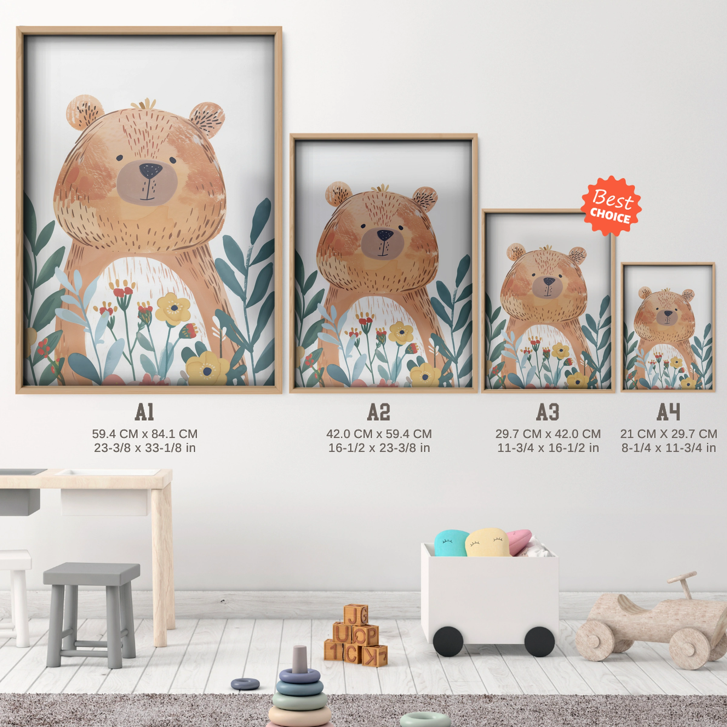 Bear in Flowers Nursery Print - size guide A4 A3 A2 A1 nursery print