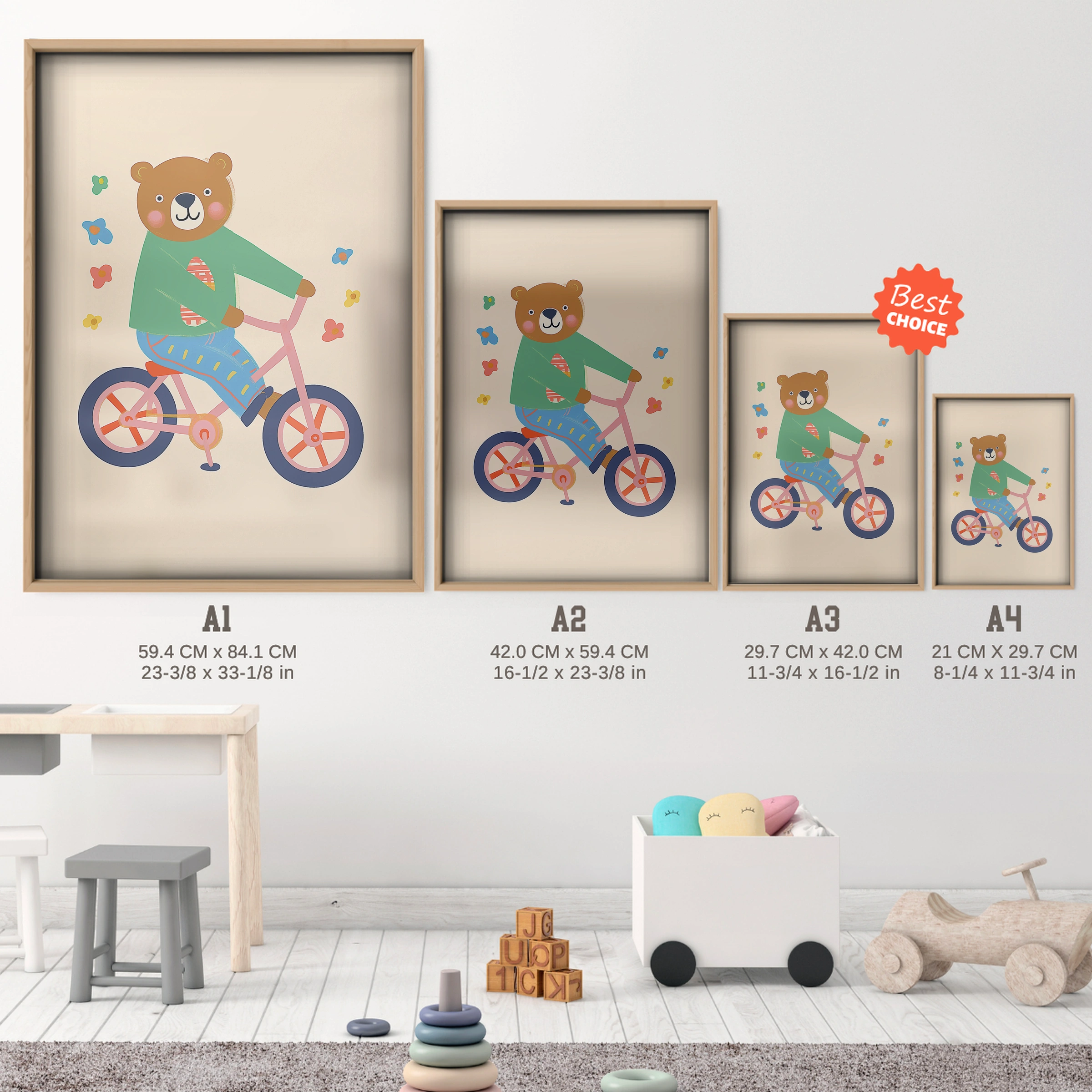 Bear on a Bicycle Nursery Print - size guide A4 A3 A2 A1 nursery print