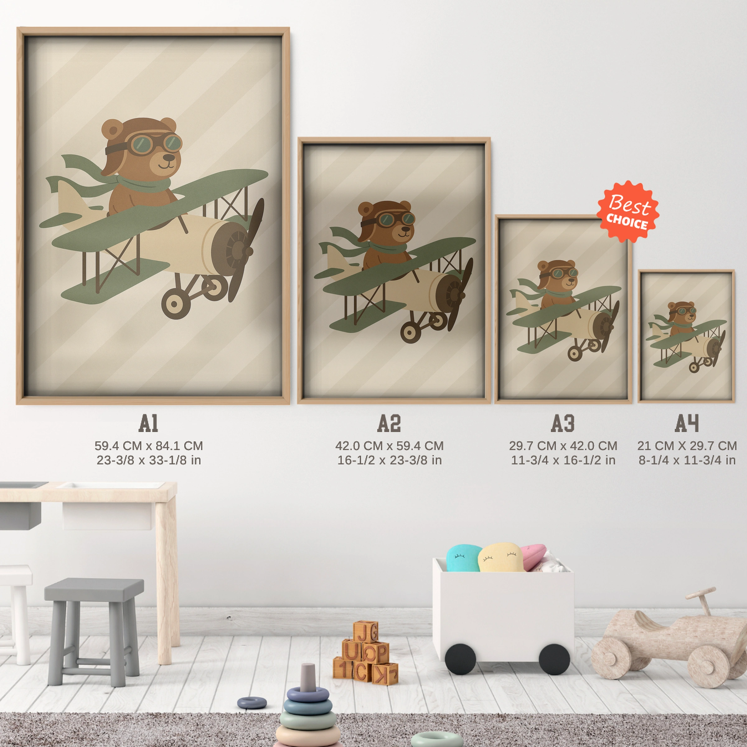 Bear Pilot Biplane Nursery Print - size guide A4 A3 A2 A1 nursery print