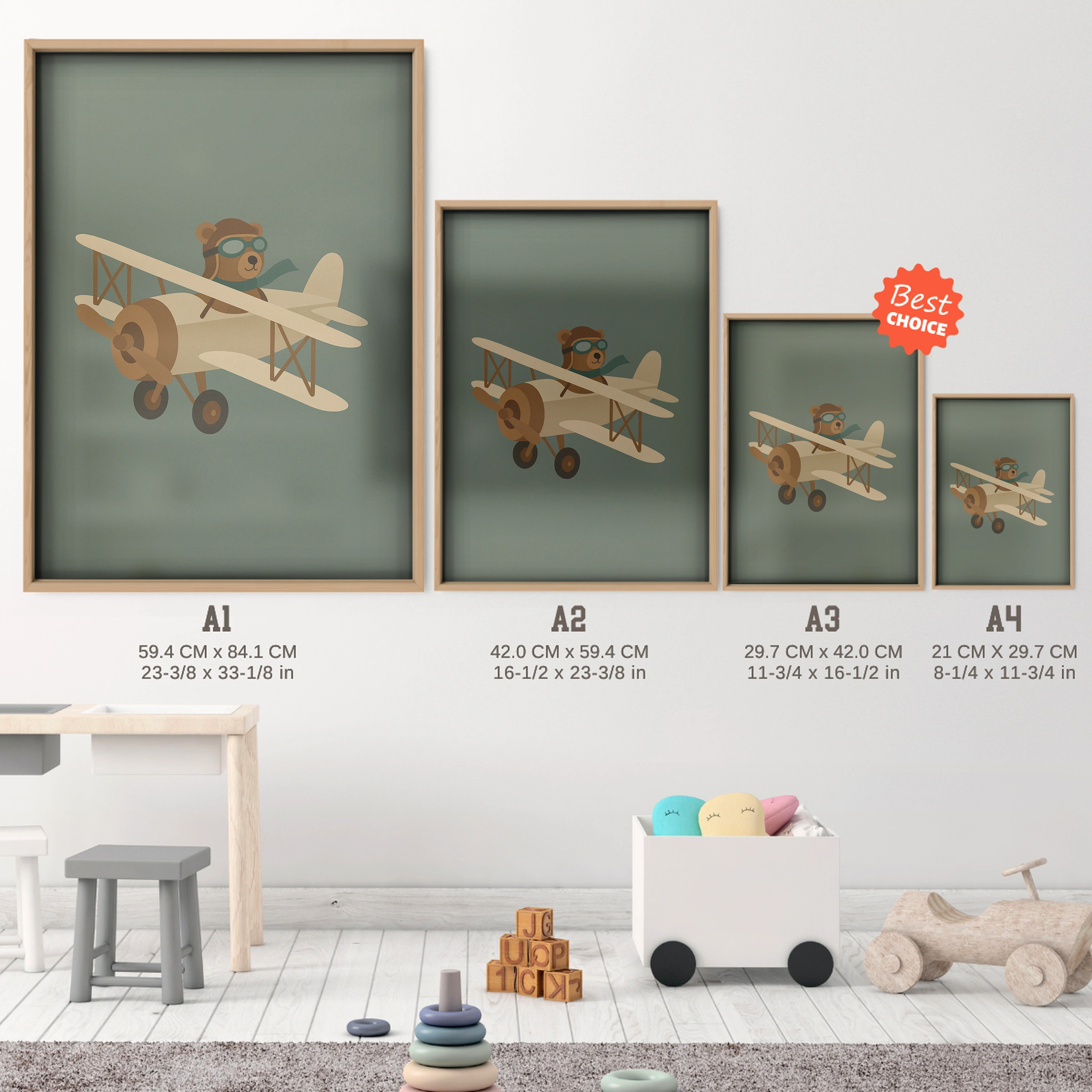 Bear Pilot in a Plane Nursery Print - size guide A4 A3 A2 A1 nursery print