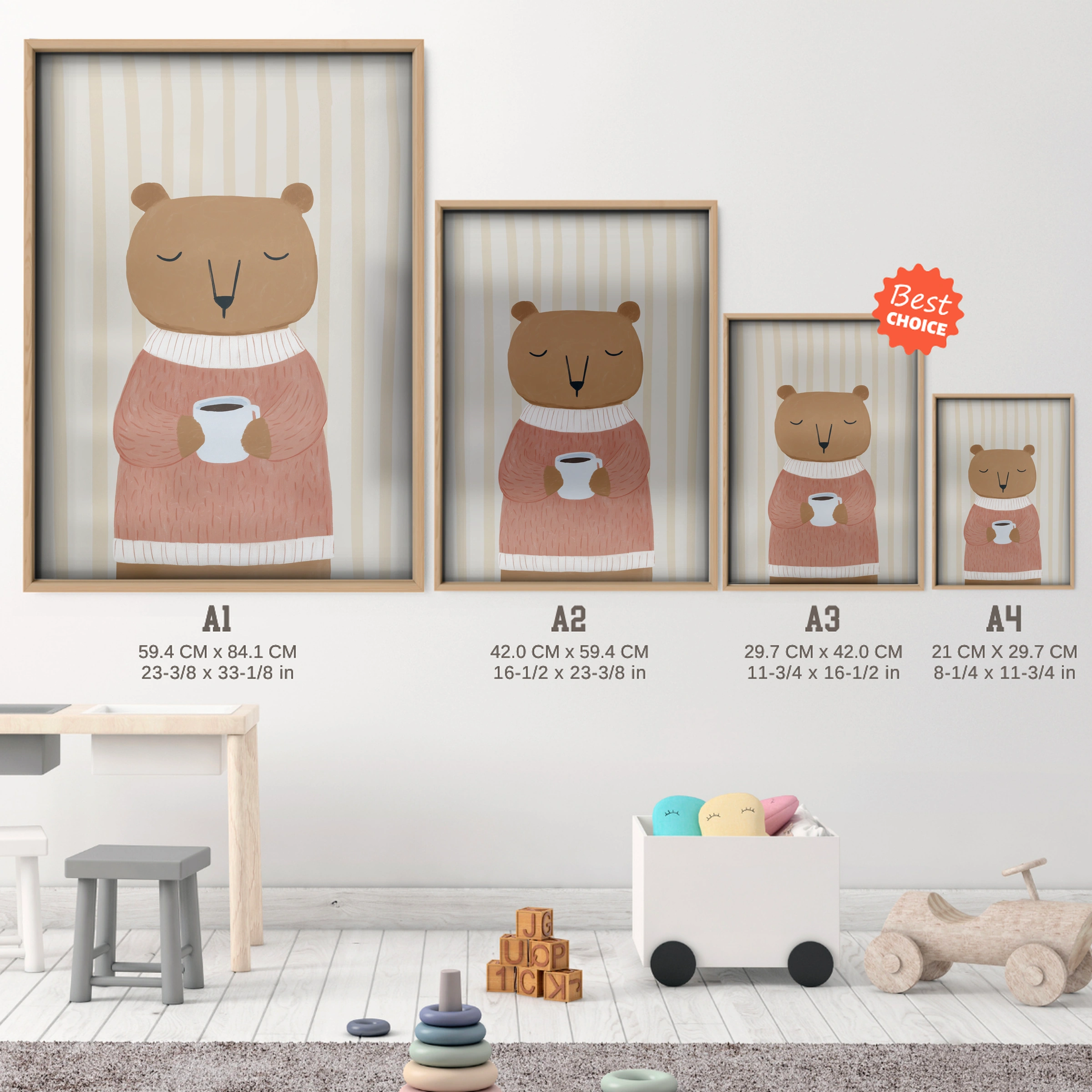 Bear with a Cup Nursery Print - size guide A4 A3 A2 A1 nursery print