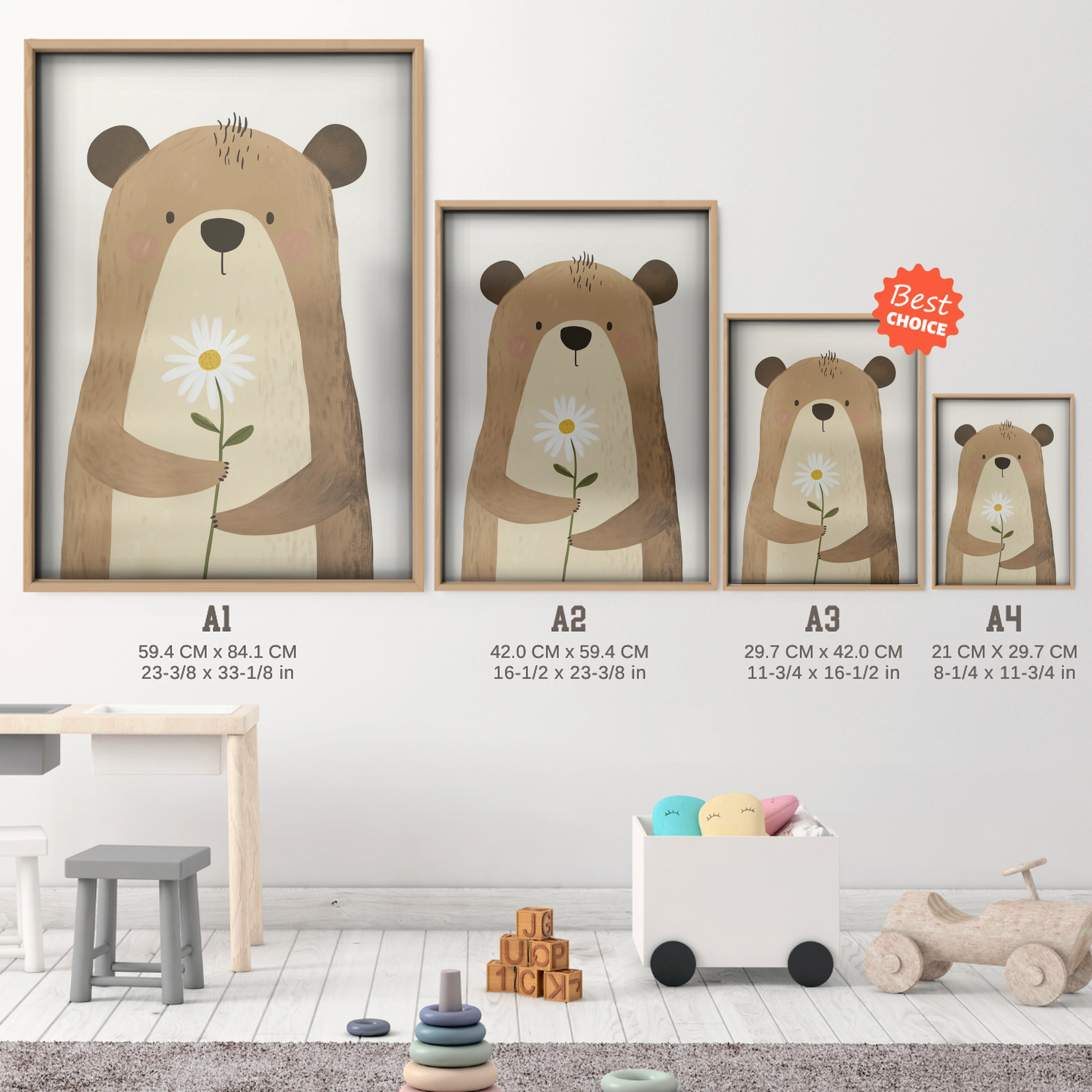 Bear with a Daisy Nursery Print - size guide A4 A3 A2 A1 nursery print