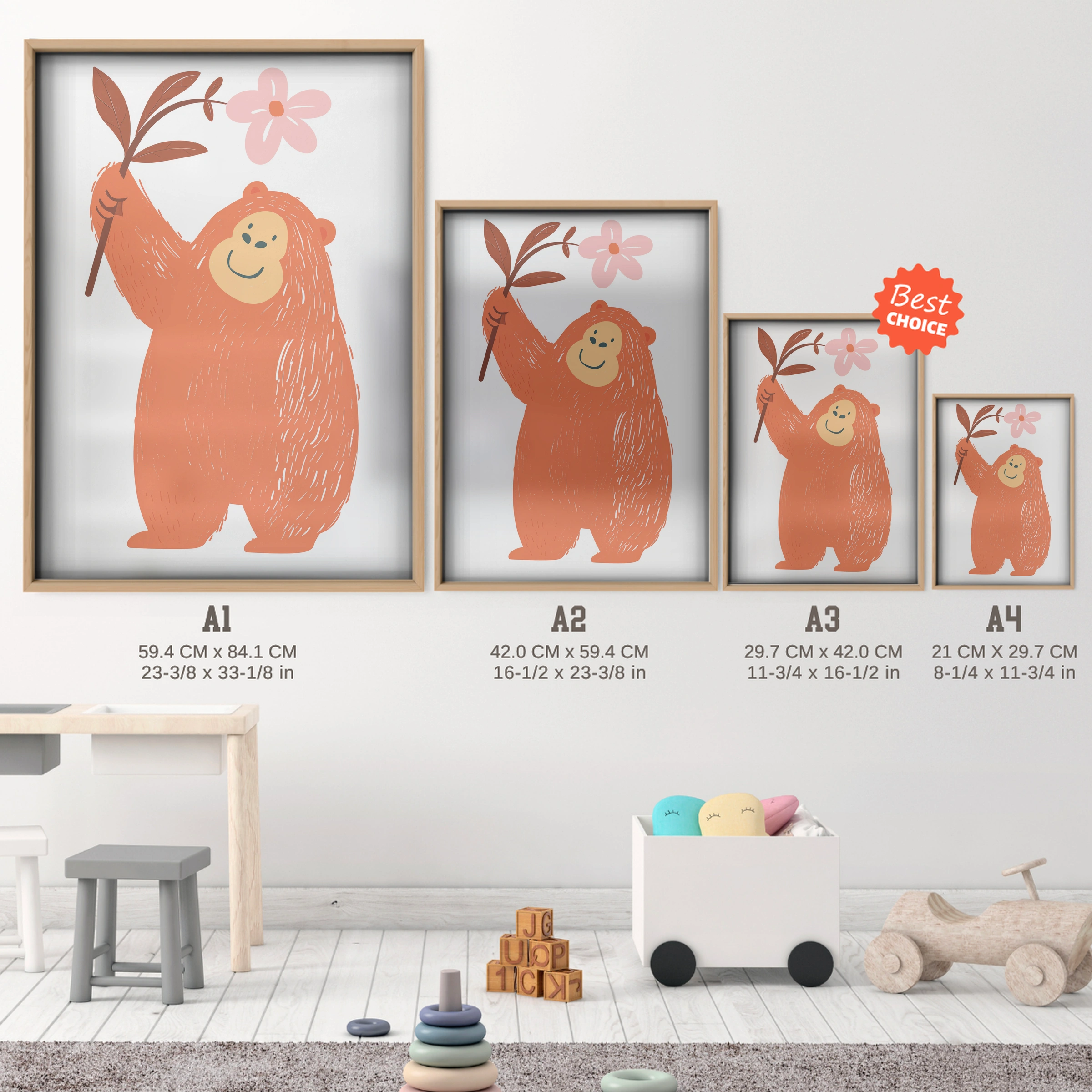 Bear with a Flower Nursery Print - size guide A4 A3 A2 A1 nursery print