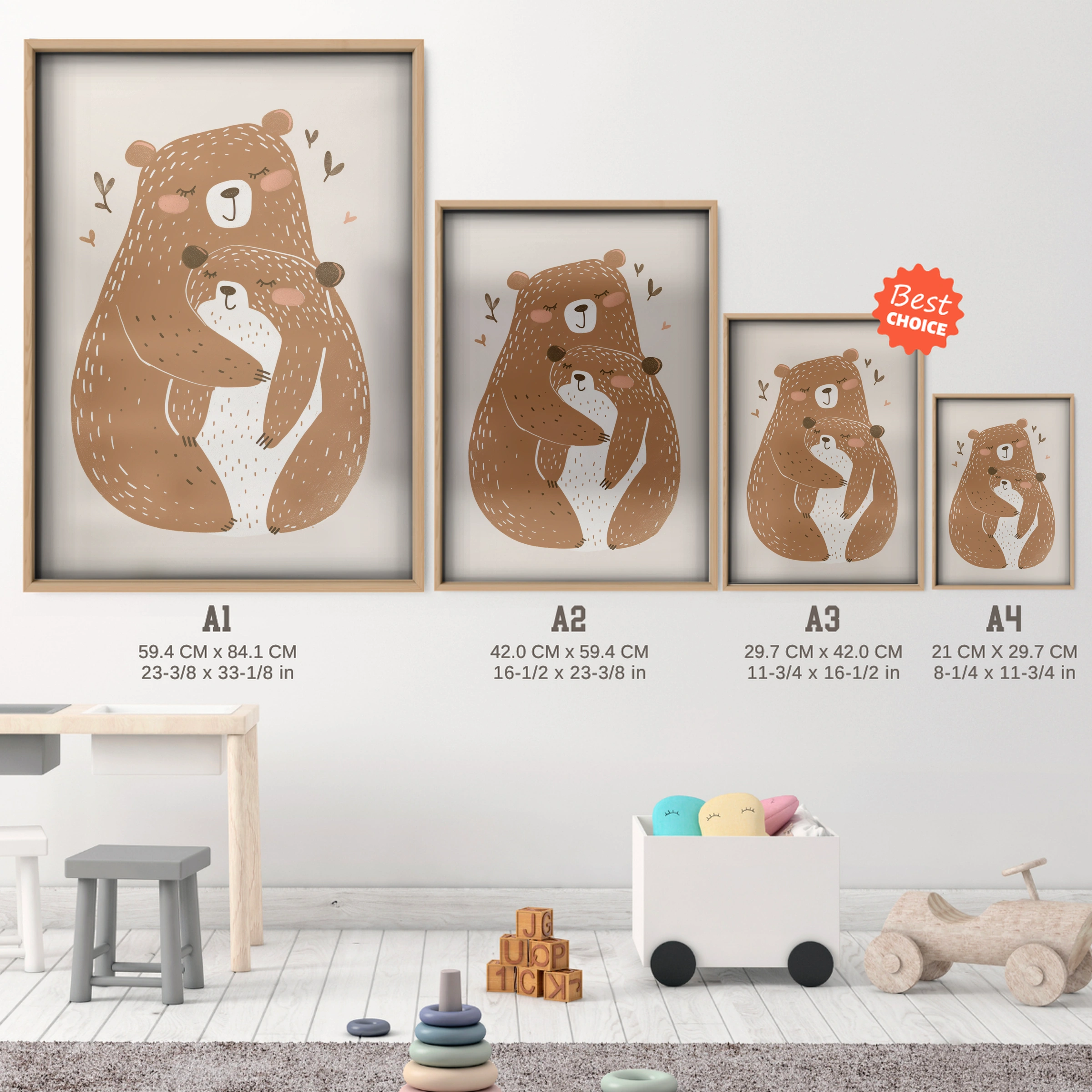 Bears Hugging Nursery Print - size guide A4 A3 A2 A1 nursery print