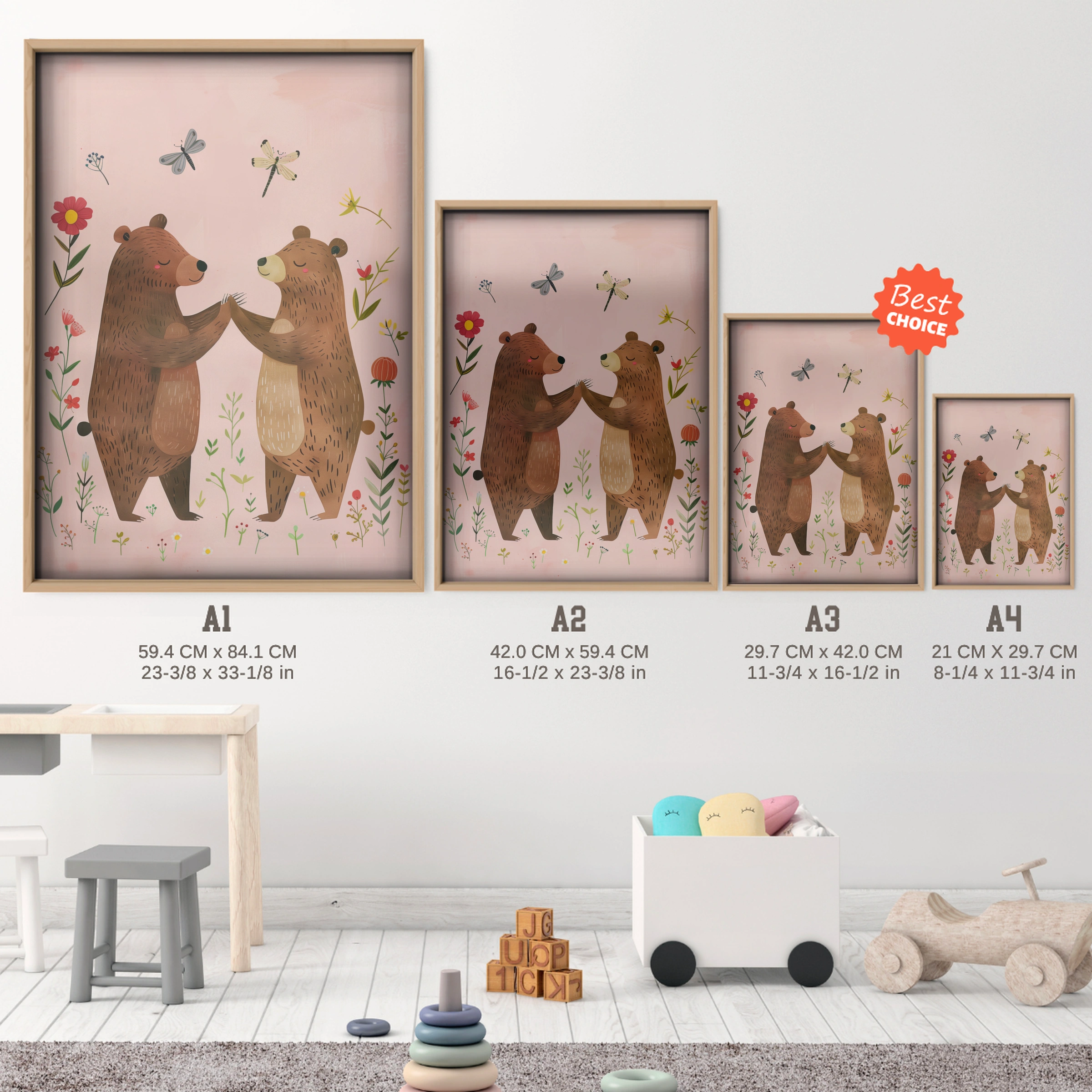 Bears in Love Nursery Print - size guide A4 A3 A2 A1 nursery print