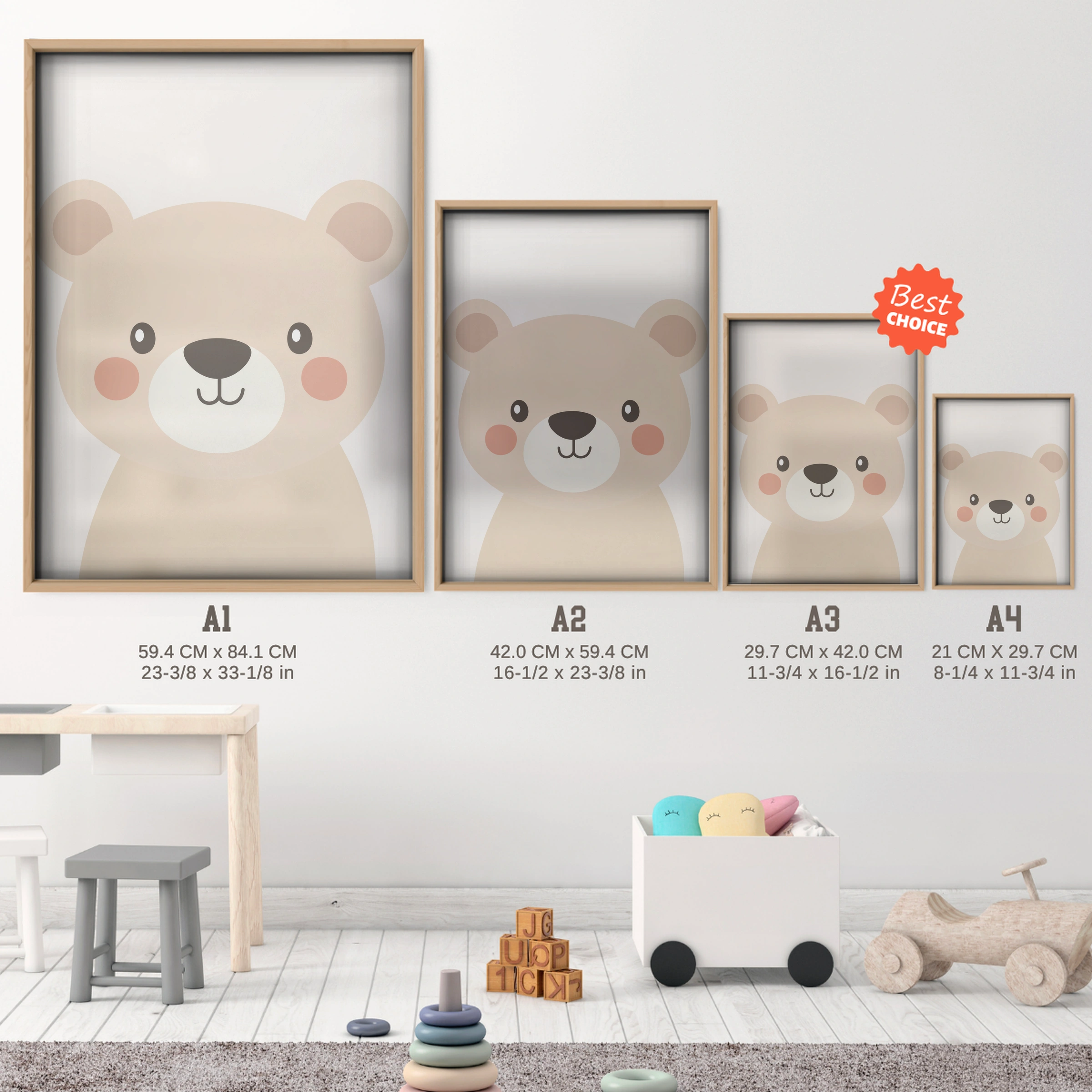 Beige Bear Face Nursery Print - size guide A4 A3 A2 A1 nursery print