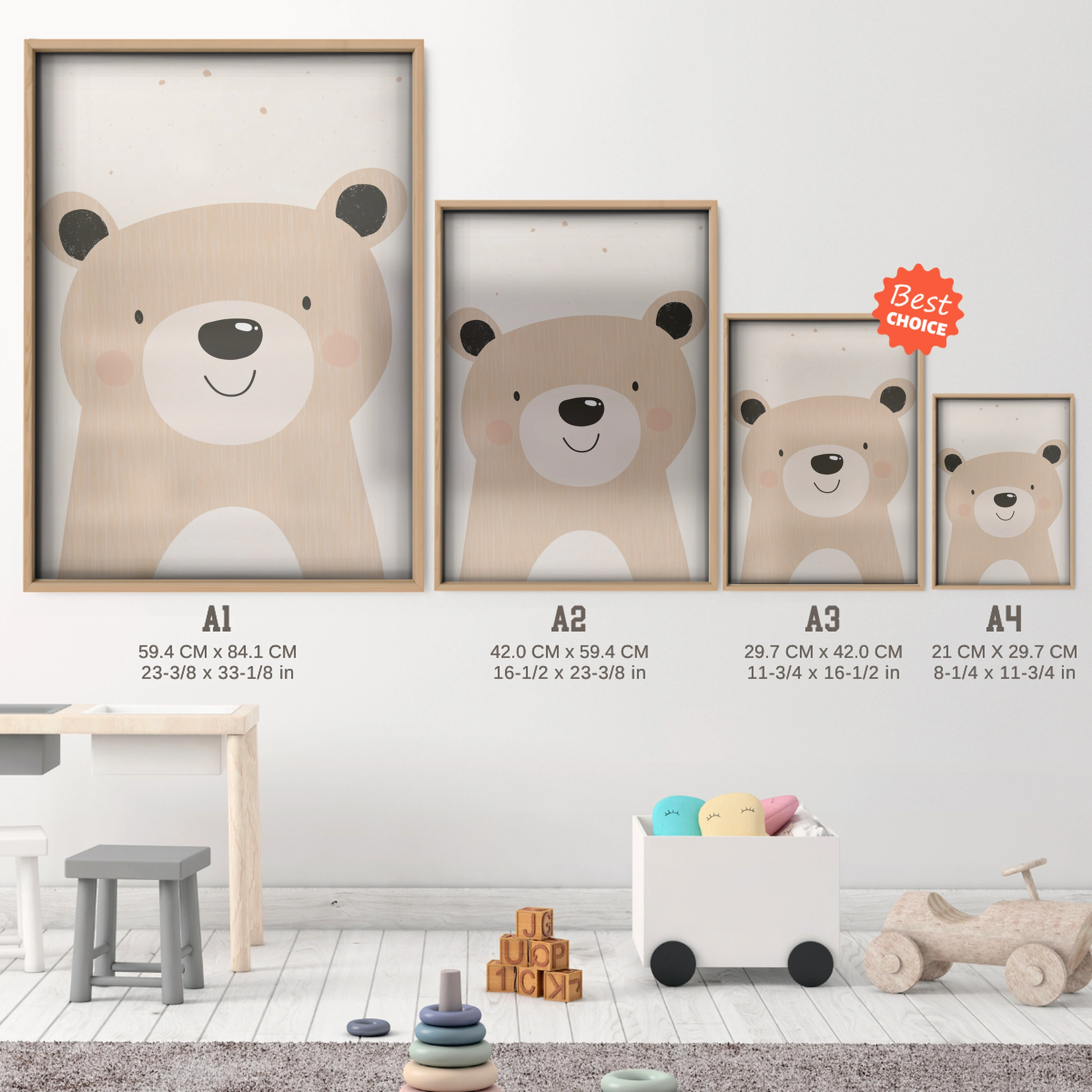 Beige Bear Nursery Print - size guide A4 A3 A2 A1 nursery print