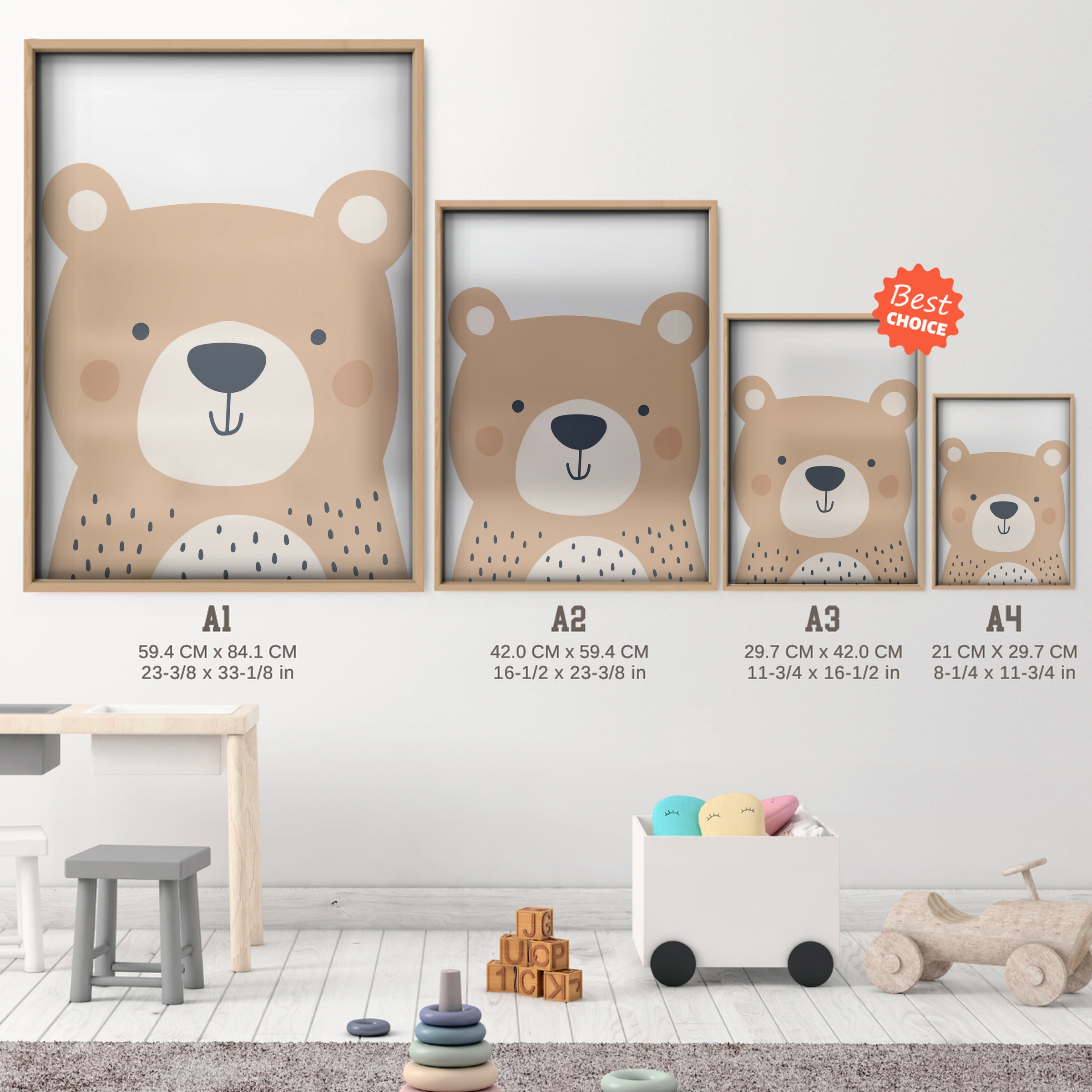 Beige Bear Two Nursery Print - size guide A4 A3 A2 A1 nursery print