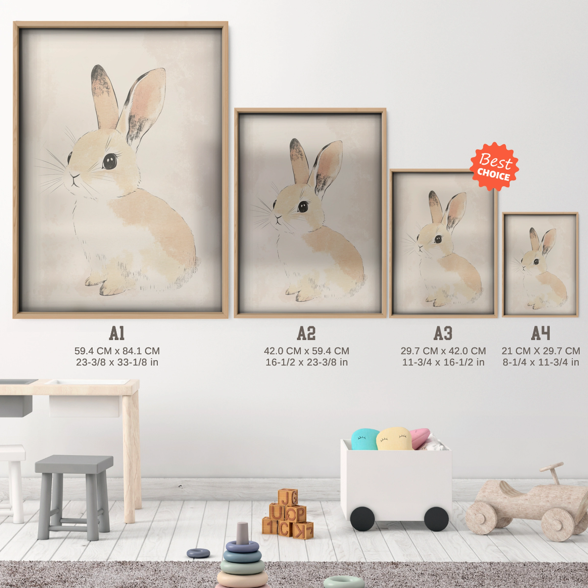 Beige Bunny Nursery Print - size guide A4 A3 A2 A1 nursery print