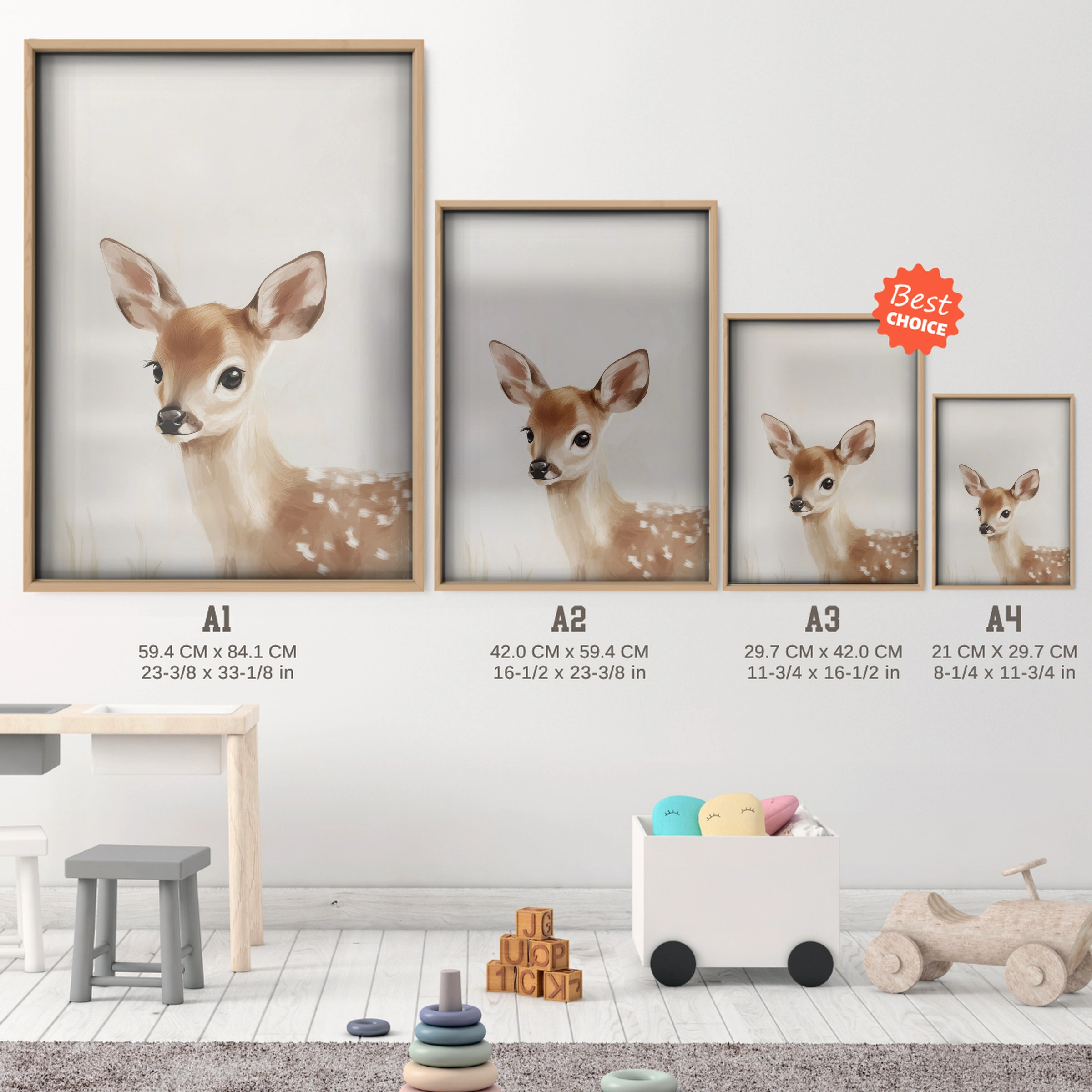 Beige Fawn Nursery Print - size guide A4 A3 A2 A1 nursery print