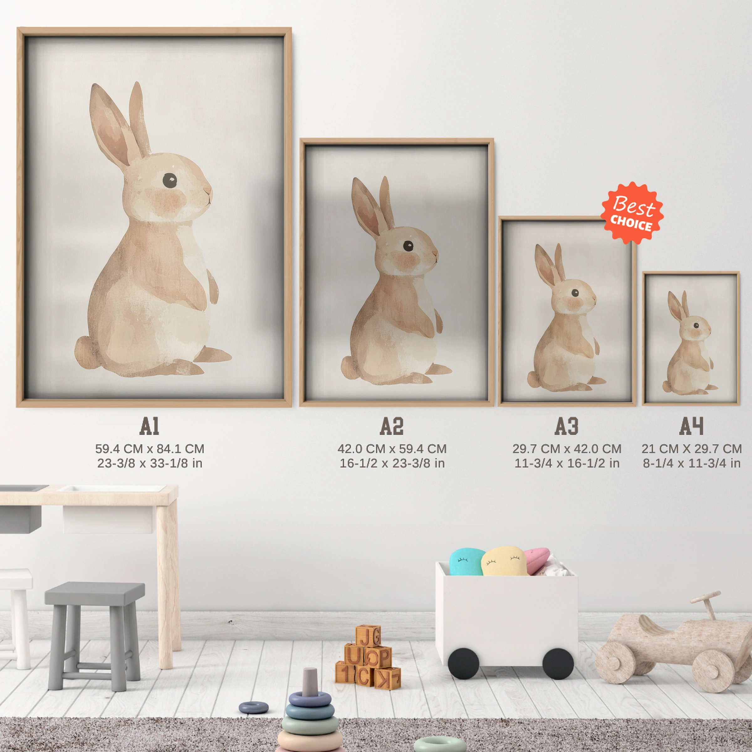 Beige Rabbit Nursery Print - size guide A4 A3 A2 A1 nursery print