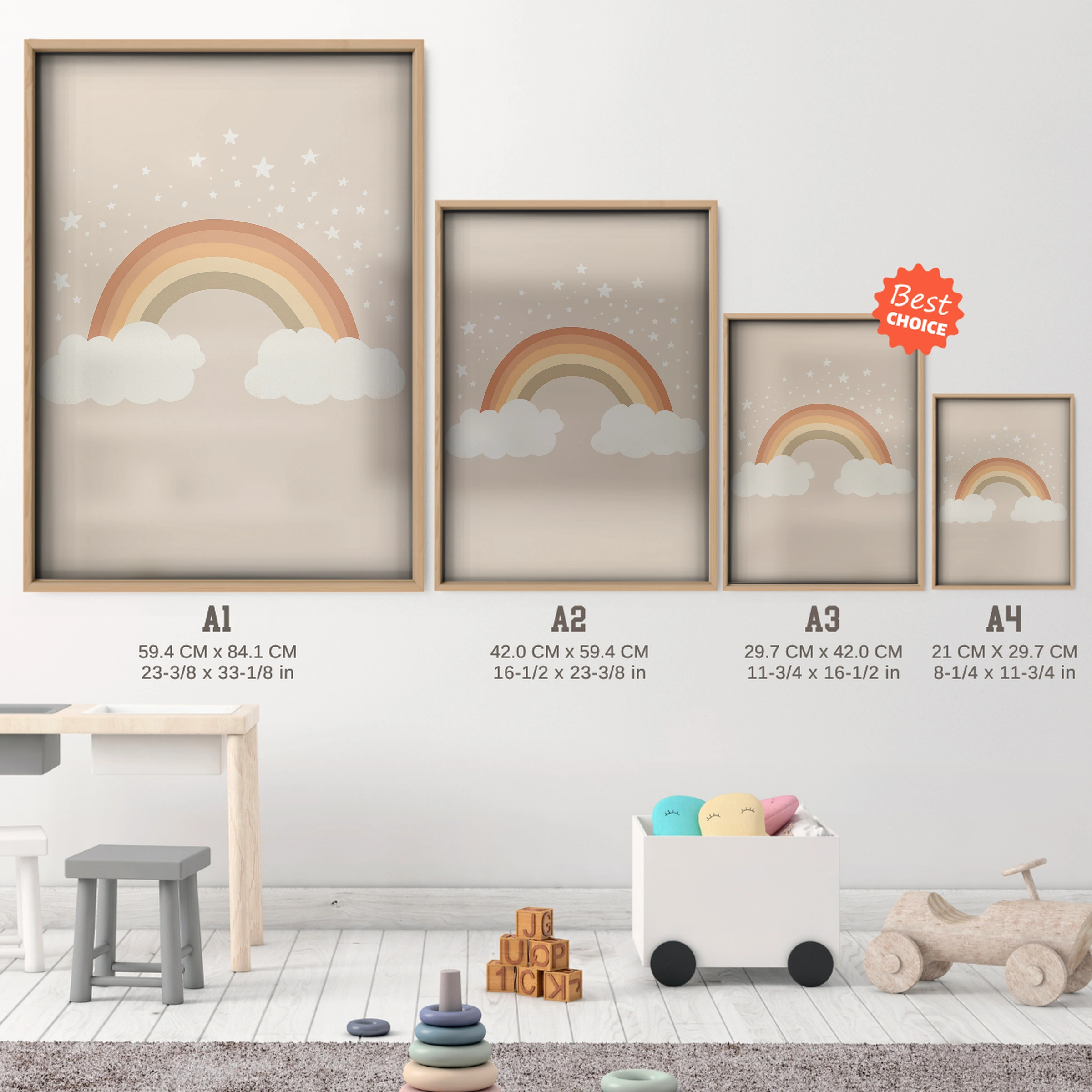 Beige Rainbow Nursery Print - size guide A4 A3 A2 A1 nursery print