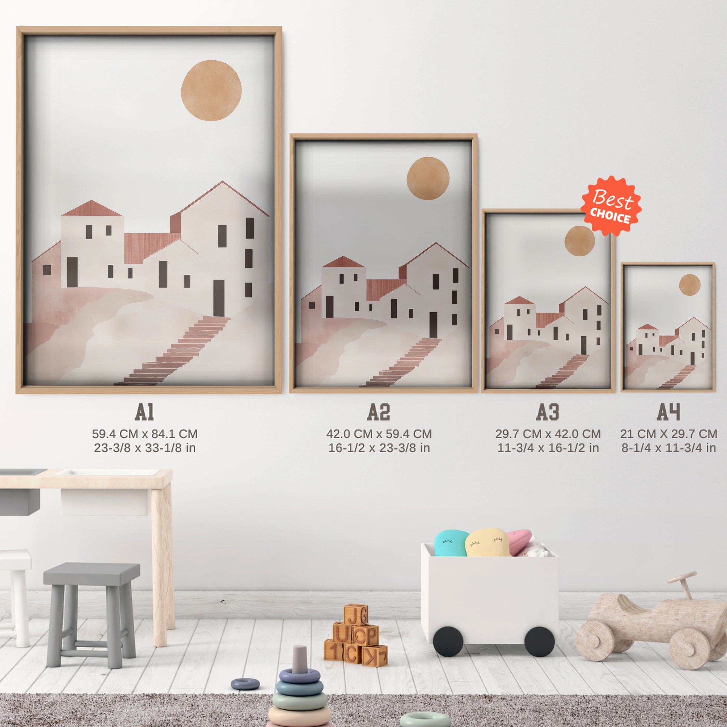 Beige Village Nursery Print - size guide A4 A3 A2 A1 nursery print