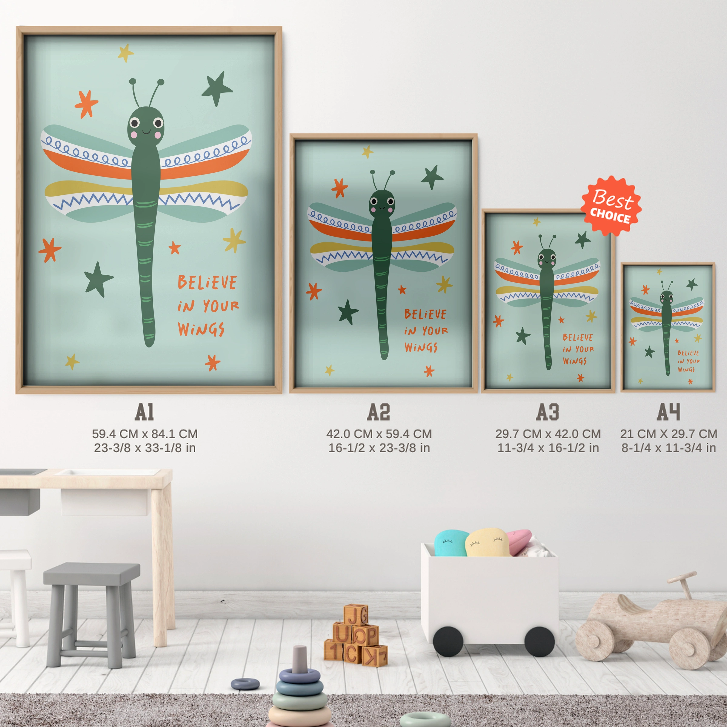 Believe Grasshopper Nursery Print - size guide A4 A3 A2 A1 nursery print