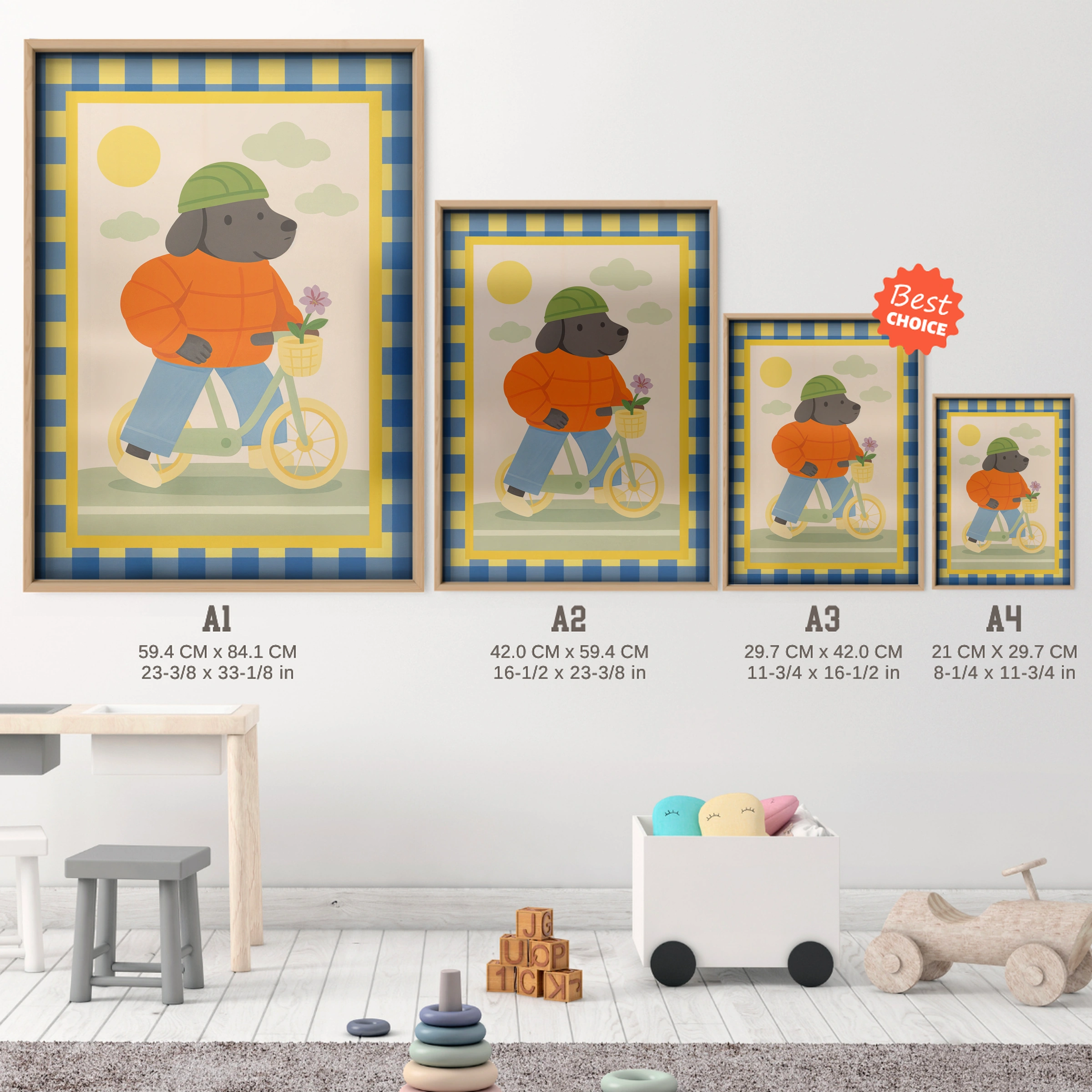 Bicycle Dog Nursery Print - size guide A4 A3 A2 A1 nursery print