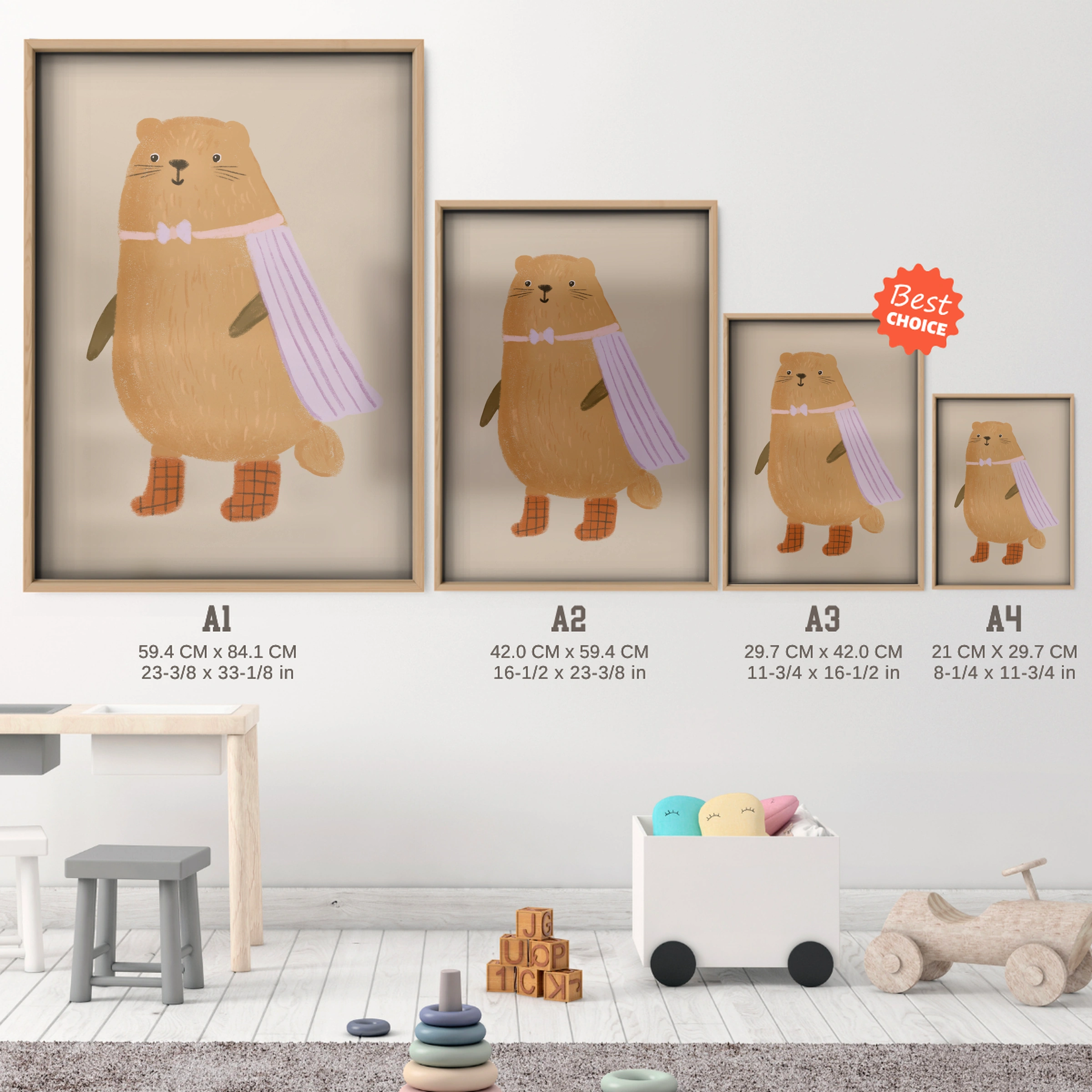Big Brown Bear Nursery Print - size guide A4 A3 A2 A1 nursery print