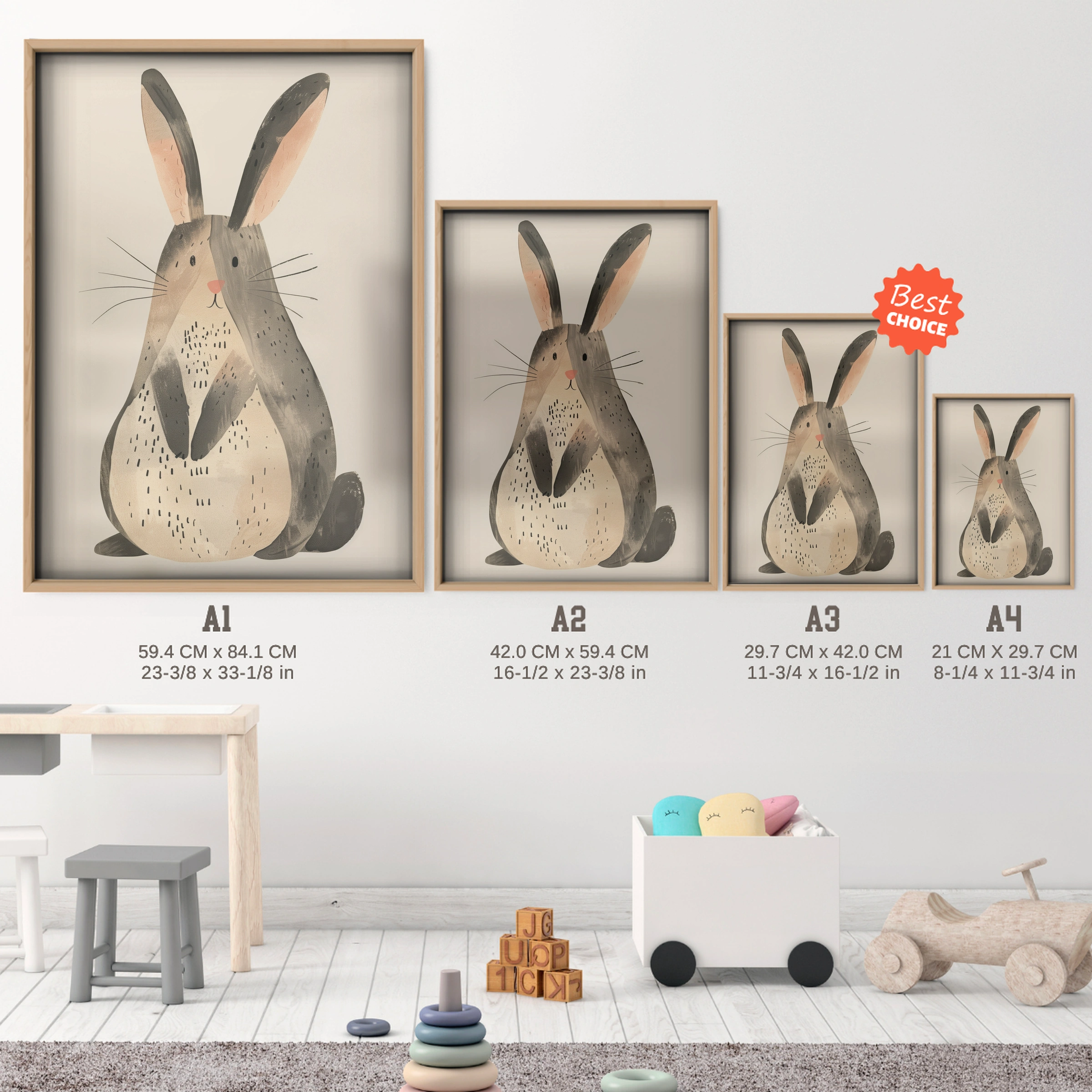 Big Rabbit Nursery Print - size guide A4 A3 A2 A1 nursery print