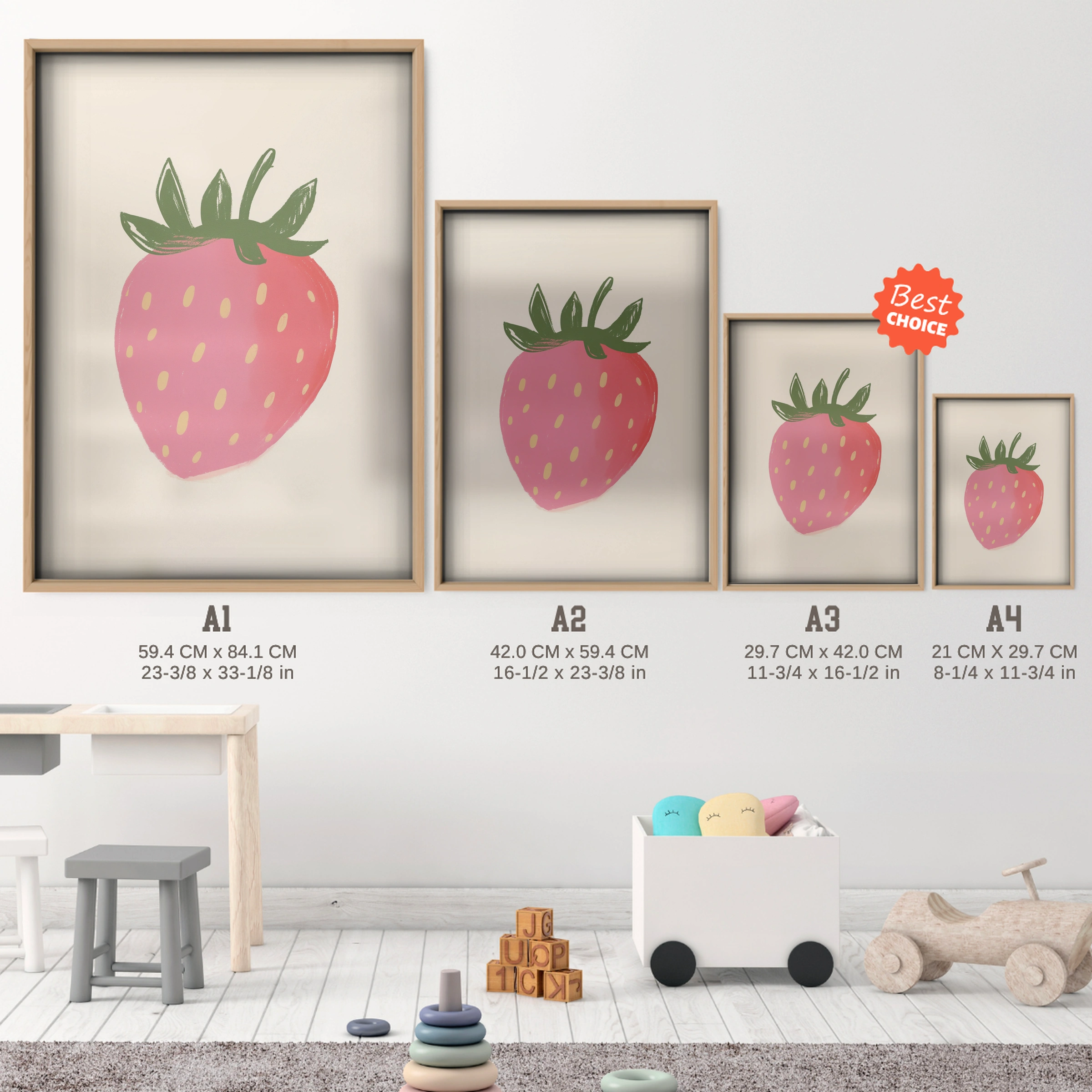 Big Strawberry Nursery Print - size guide A4 A3 A2 A1 nursery print