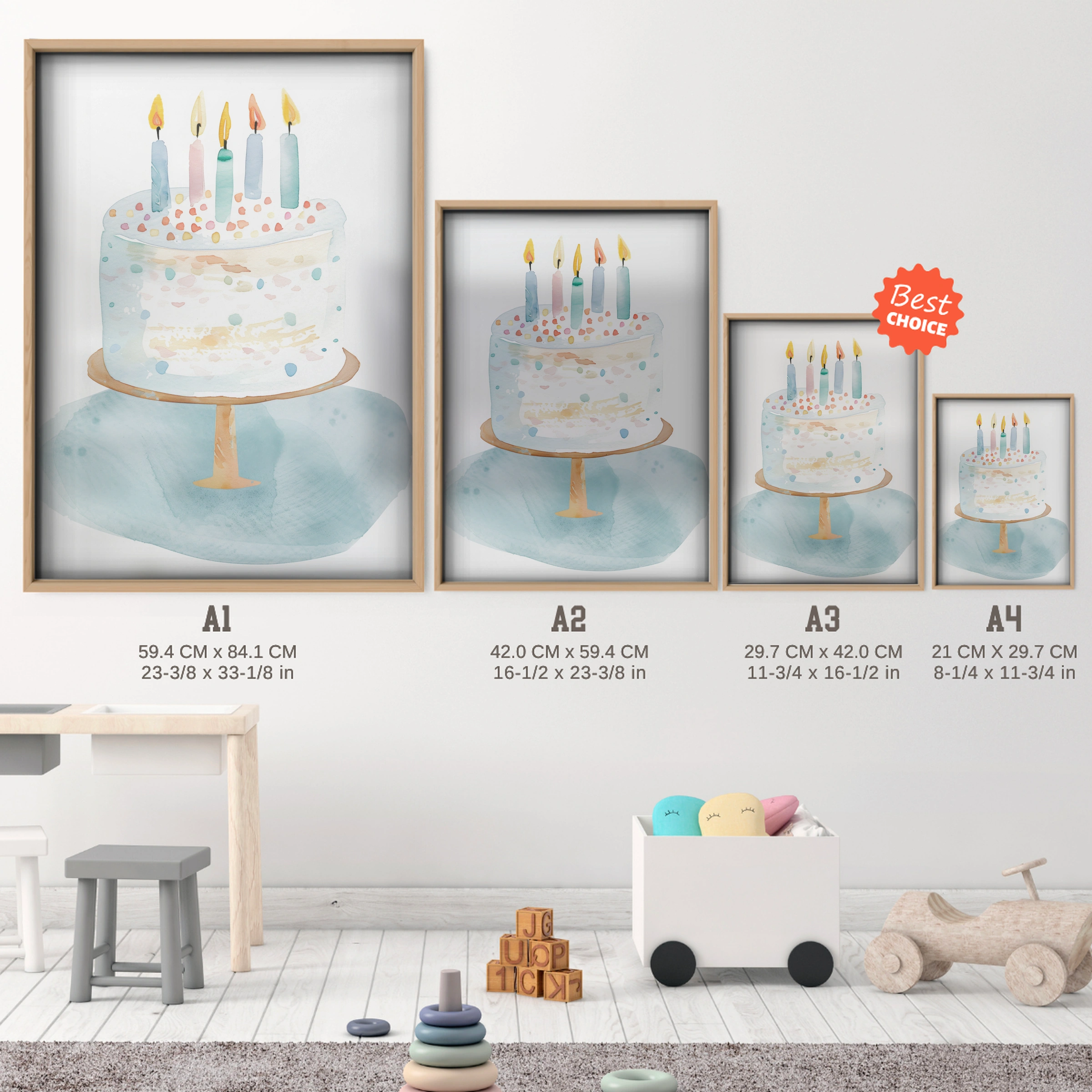 Birthday Cake Nursery Print - size guide A4 A3 A2 A1 nursery print