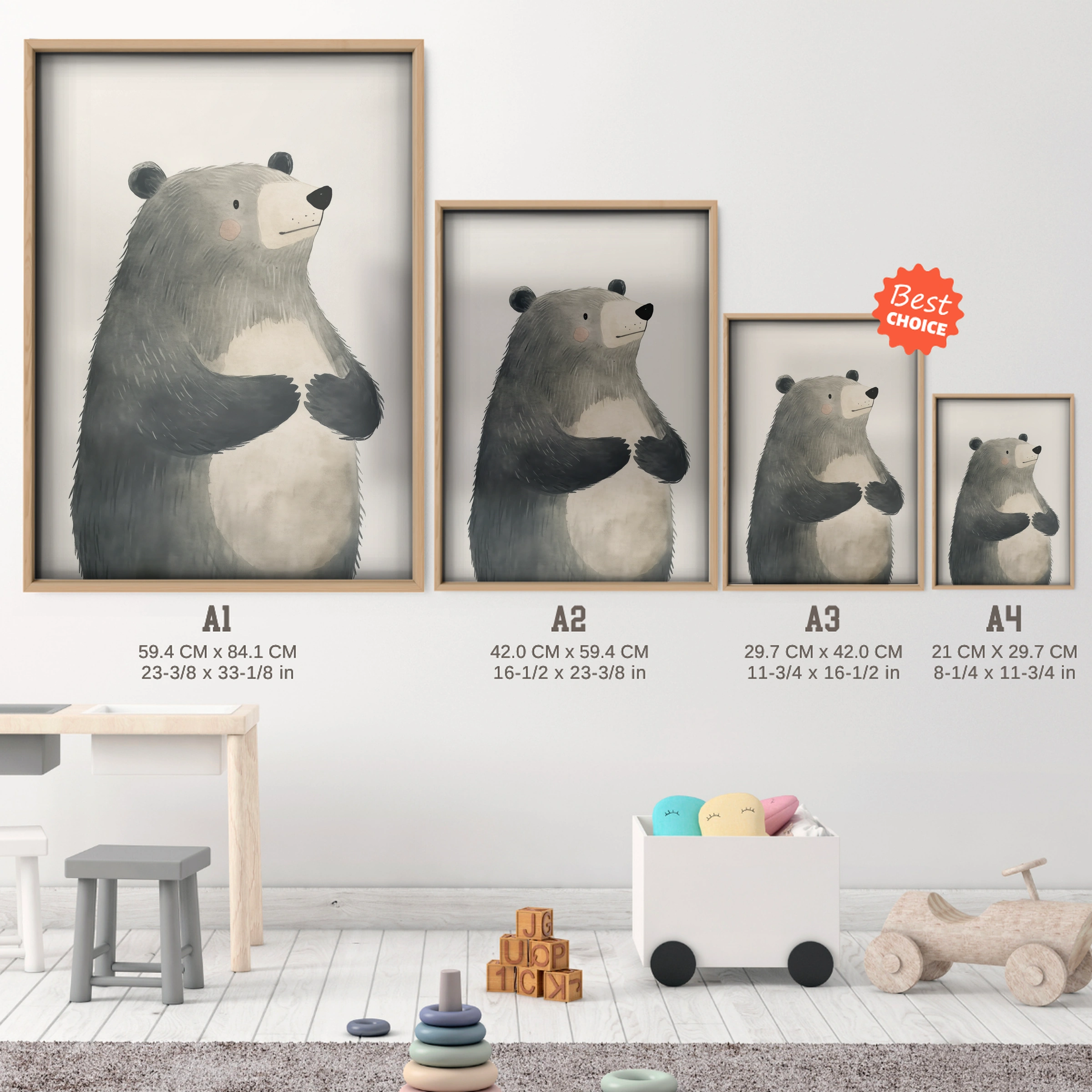 Black and White Bear Nursery Print - size guide A4 A3 A2 A1 nursery print