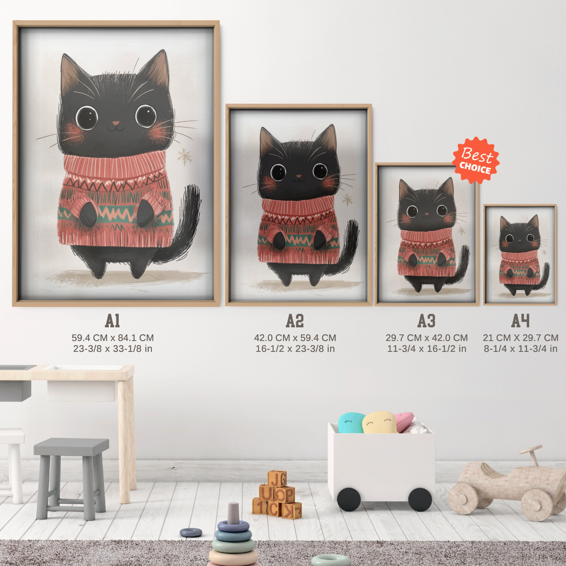 Black Cat in a Sweater Christmas Print - size guide A4 A3 A2 A1 nursery print