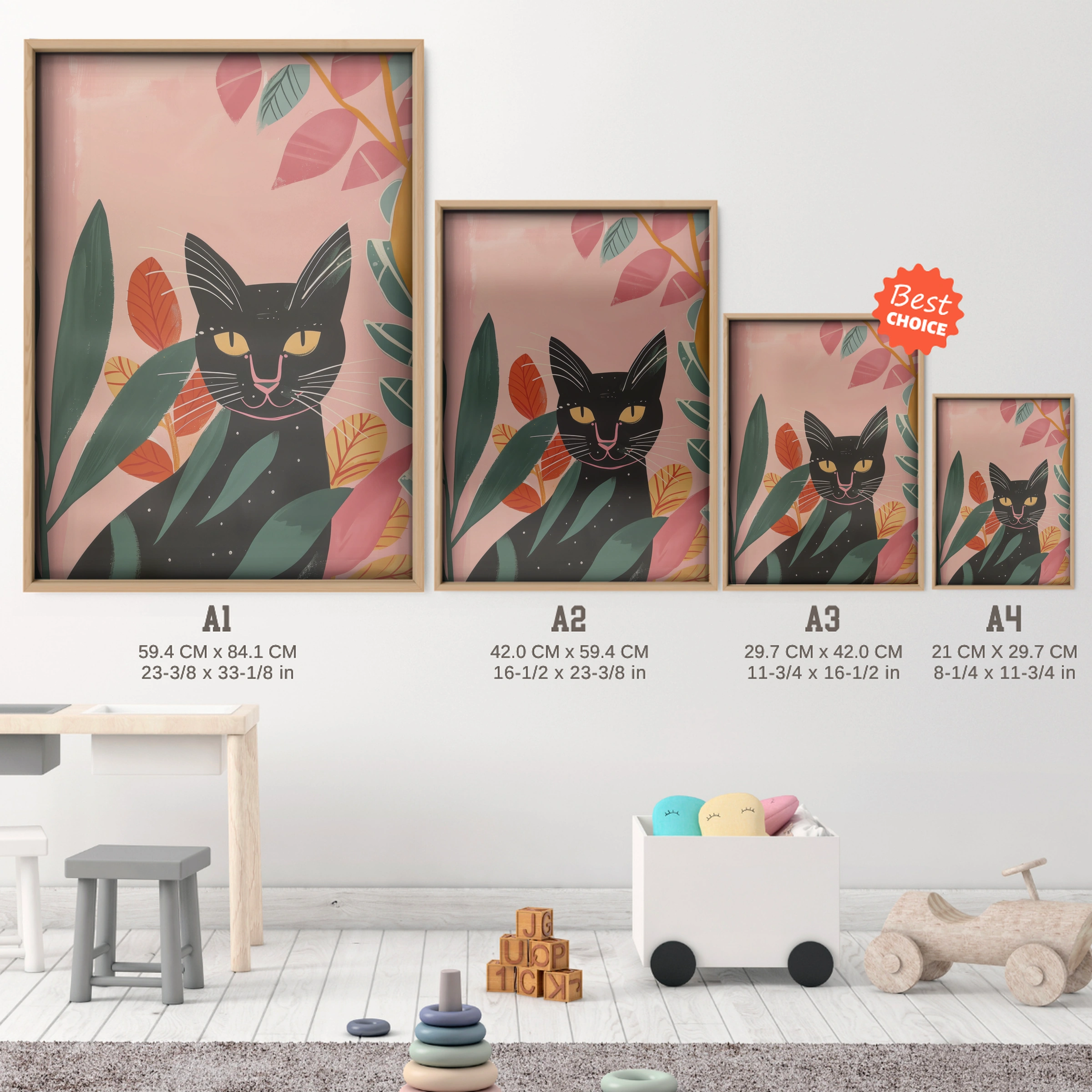 Black Cat in Flowers Nursery Print - size guide A4 A3 A2 A1 nursery print