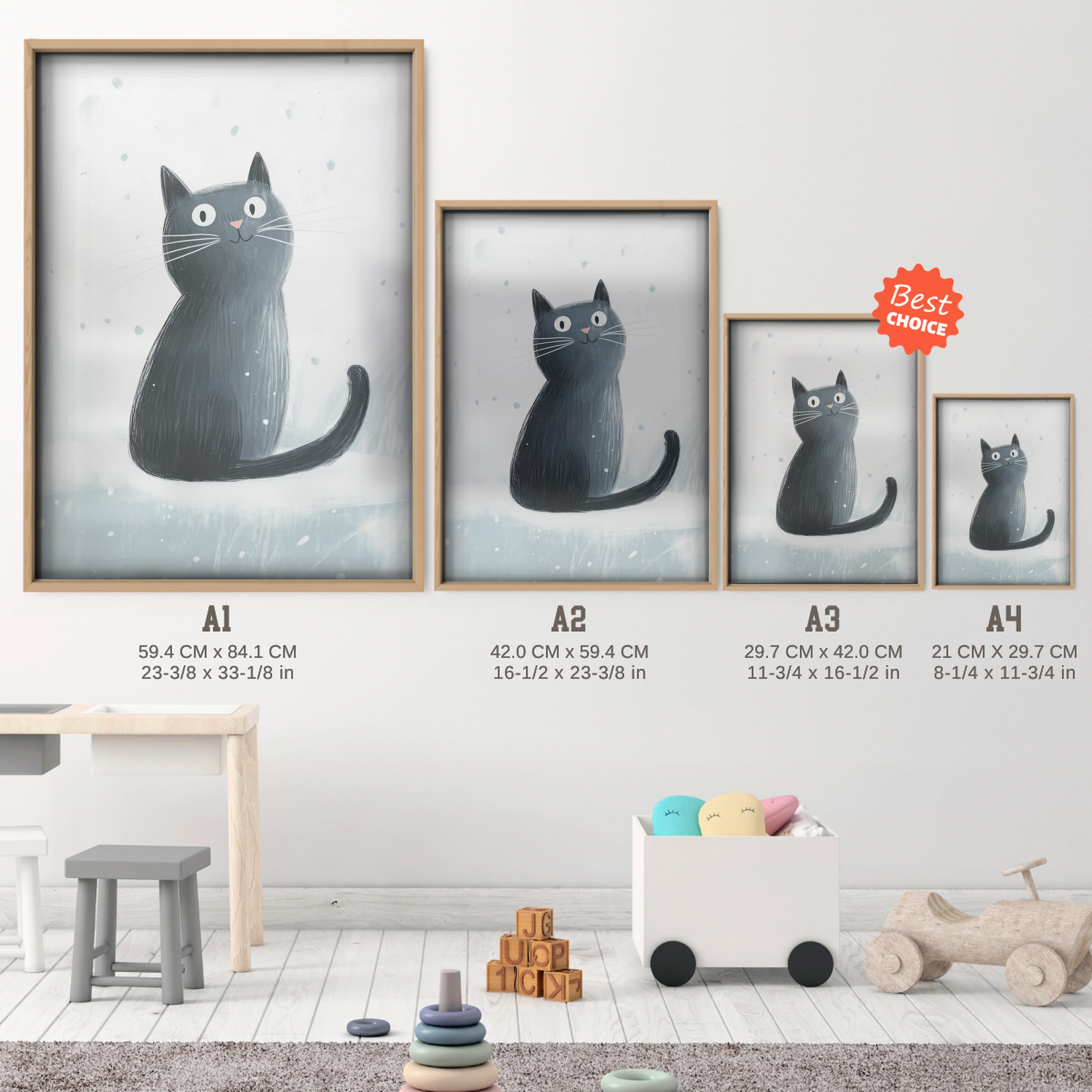 Black Cat in the Snow Christmas Print - size guide A4 A3 A2 A1 nursery print