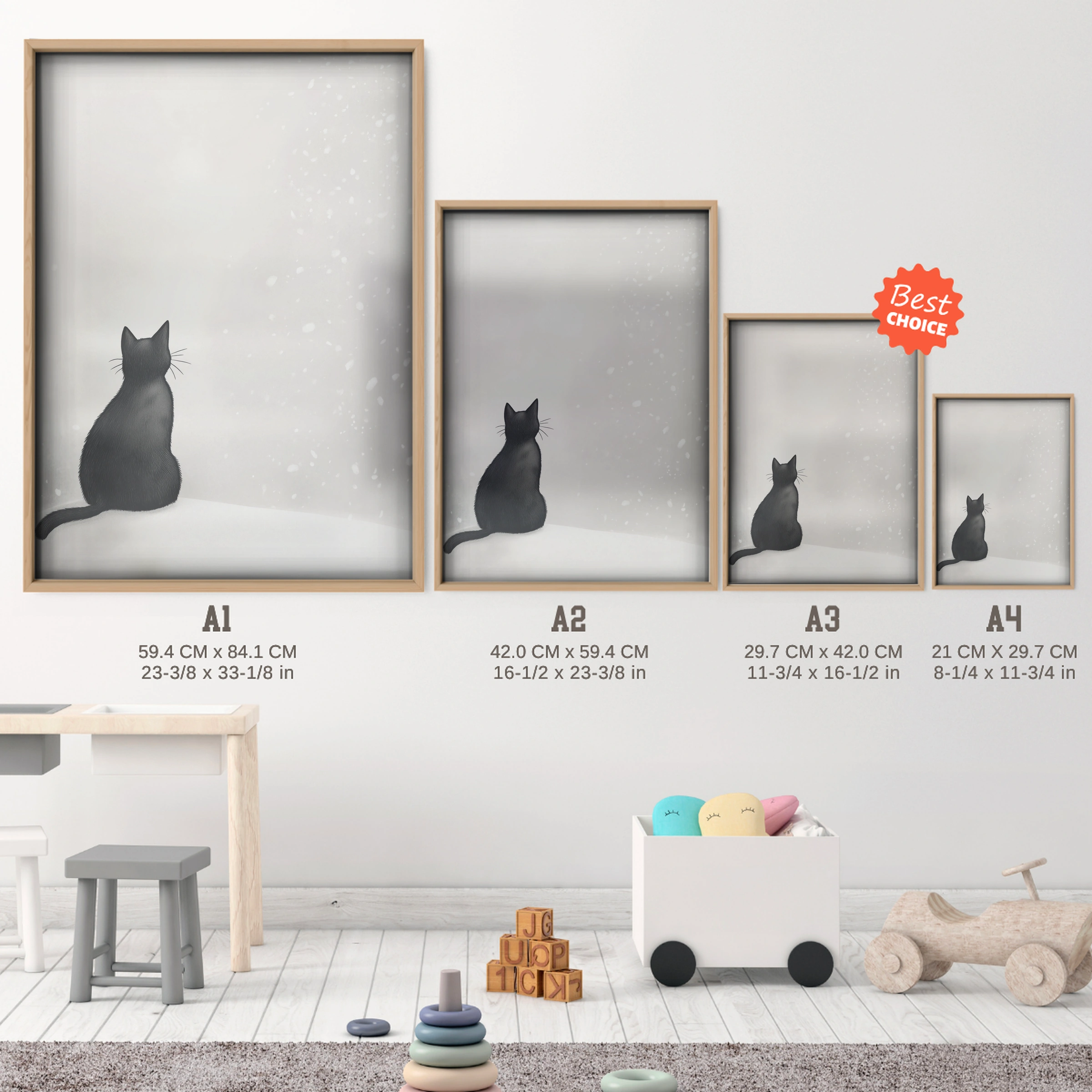 Black Cat in the Snow Two Christmas Print - size guide A4 A3 A2 A1 nursery print